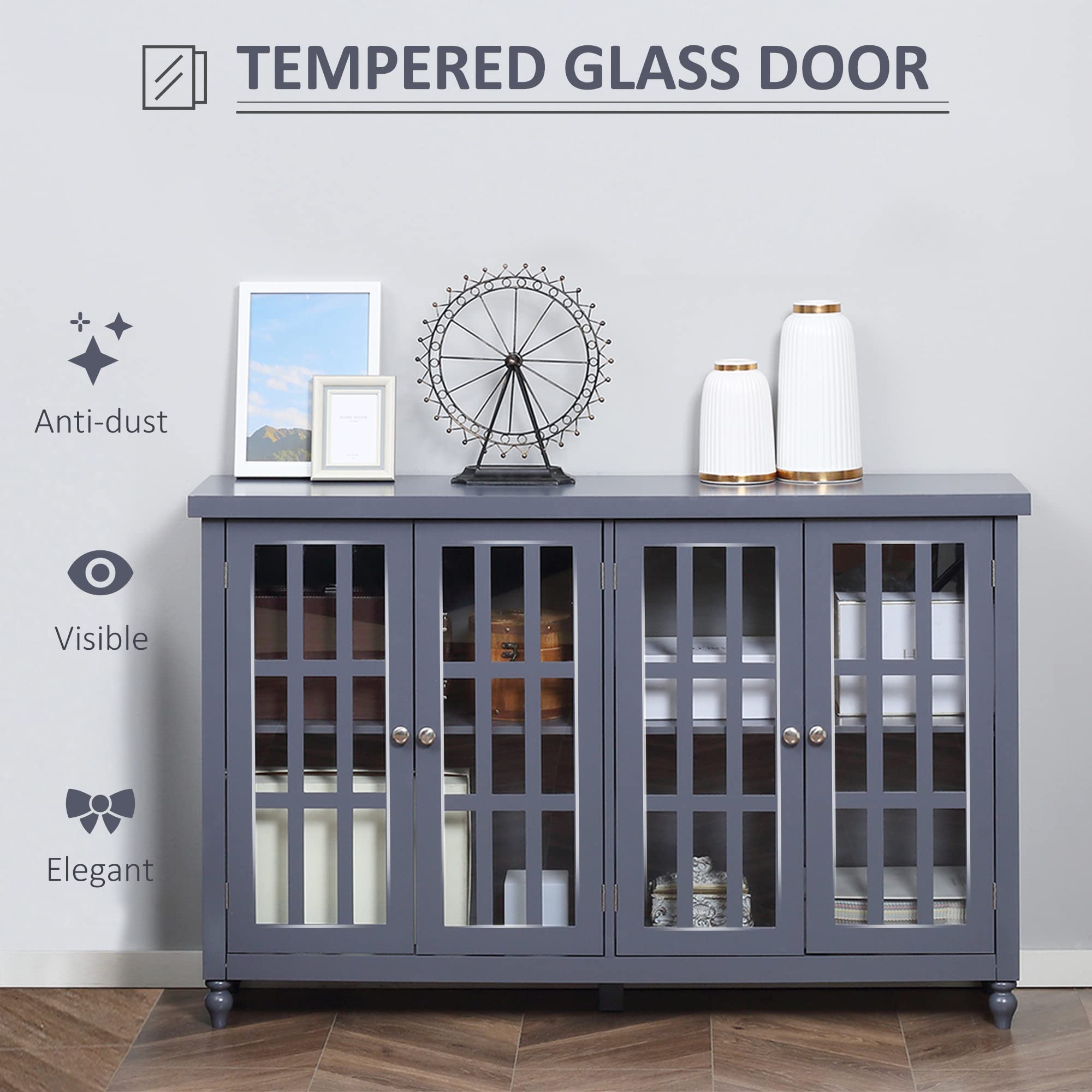 HOMCOM Gray Sideboard Buffet Cabinet with 4 Tempered Glass Doors, Stripe Pattern & Adjustable Shelves - Modern Credenza for Dining Room Storage & Living Room Organization