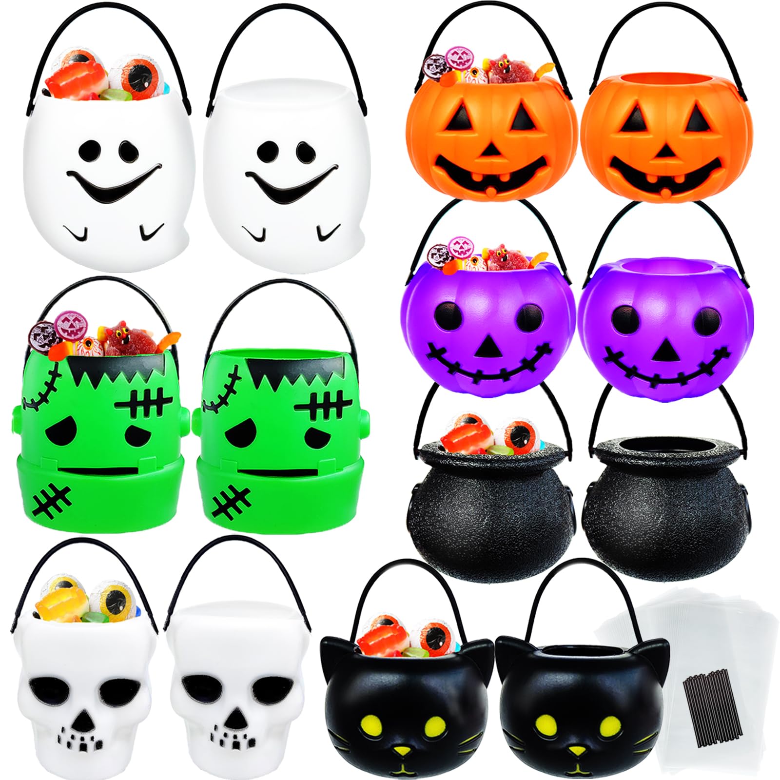 14 PCS Mini Halloween Candy Holder Set - Portable Pumpkin Ghost Cauldron Bucket with Candy Bags & Black Wire Ties | Halloween Party Supplies for Kids | Perfect for Trick or Treat, Classroom Parties & Neighborhood Halloween Events