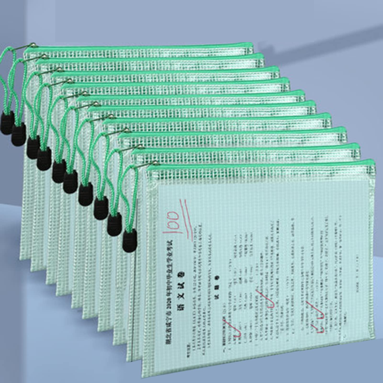 10Pcs Waterproof Mesh Zipper Pouch A4 Size - Reusable Plastic Document File Folders for Travel, School, Office & Home Organization (Green) - Perfect for Storing Documents, Stationery, Cosmetics & Travel Essentials