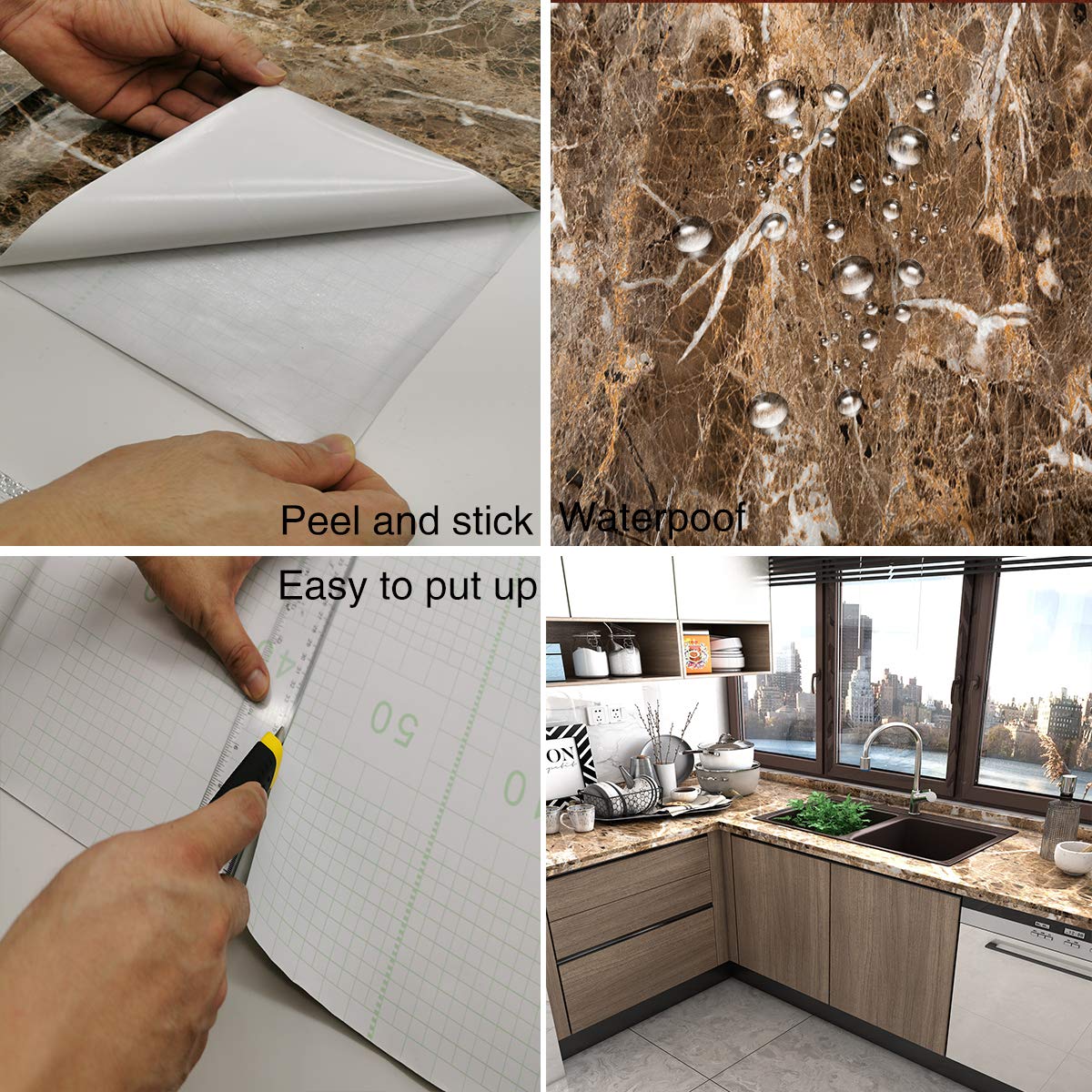 Brown Marble Contact Paper - Peel and Stick Granite Wallpaper - Waterproof Removable Adhesive - Matte Finish Vinyl Wrap for Countertops, Kitchen Tables, Walls - Easy DIY Home Decor Upgrade for Kitchens, Bathrooms, and Furniture
