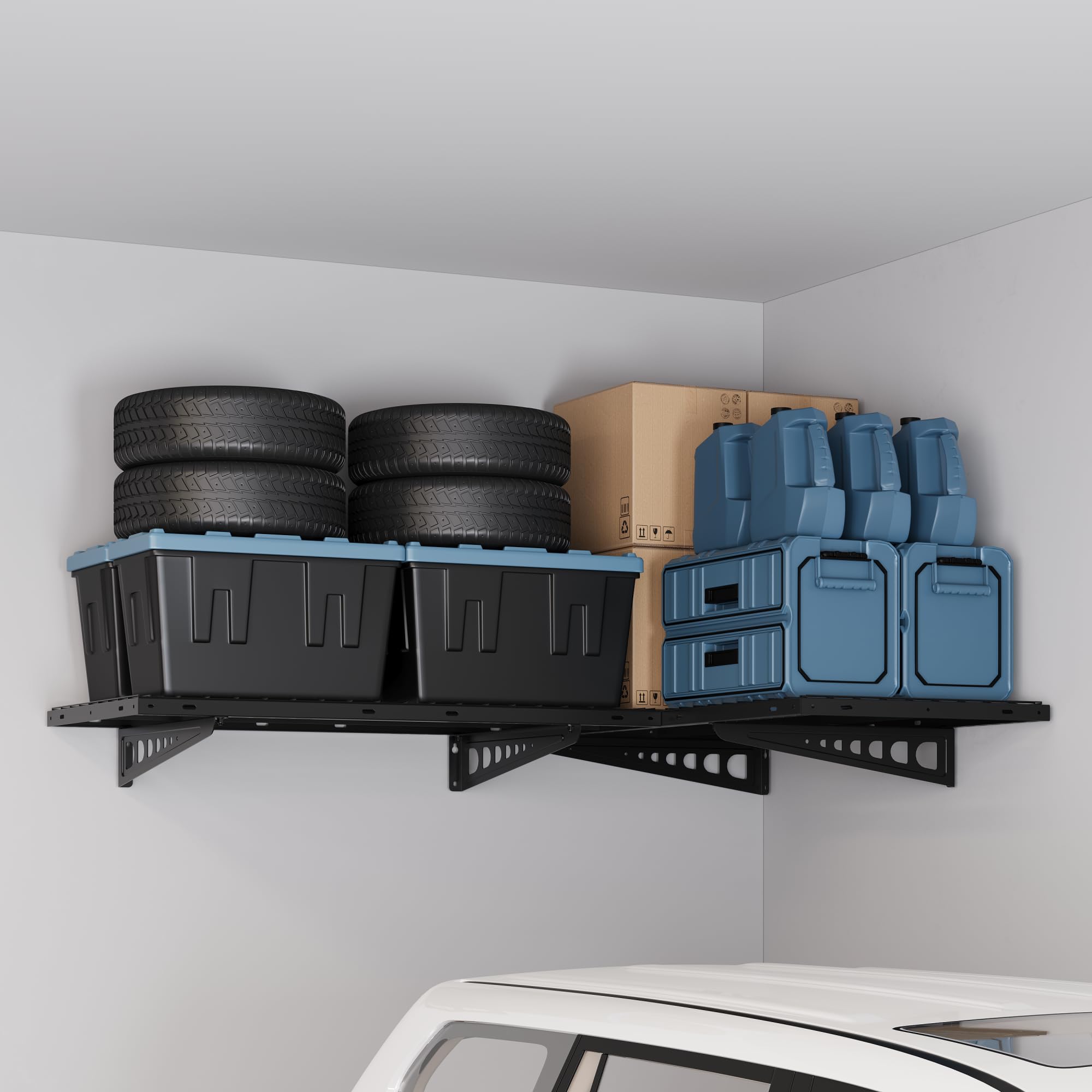 FLEXIMOUNTS 2 Pack 2x4ft Corner Wall Shelves - Heavy Duty Garage Storage Rack, 24x48 Inch Floating Shelves with 440lbs Total Weight Capacity, Black - Perfect for Garage, Basement, Workshop & Home Organization
