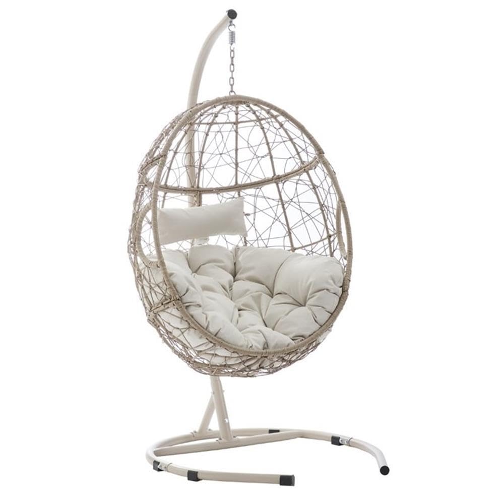 Light Beige Coastal Wicker Rattan Outdoor Hanging Egg Chair - Perfect for Patio, Garden, Poolside & Backyard Relaxation