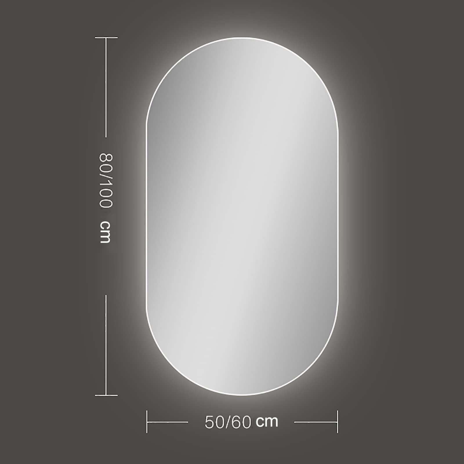 DRSM LED Backlit Oval Wall Mirror - 50x80cm/20x32in Bathroom Makeup Mirror with White Light - Perfect for Vanity, Hallway & Modern Home Decor