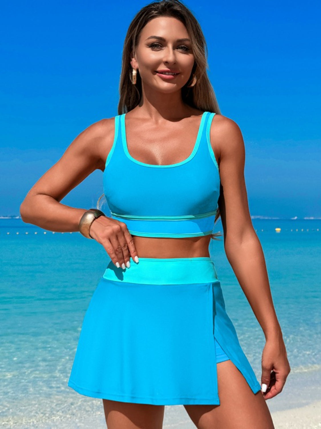 Women's Scoop Neck Swim Top & Skort Set - Flattering Two Piece Bathing Suit for Beach, Pool & Vacation