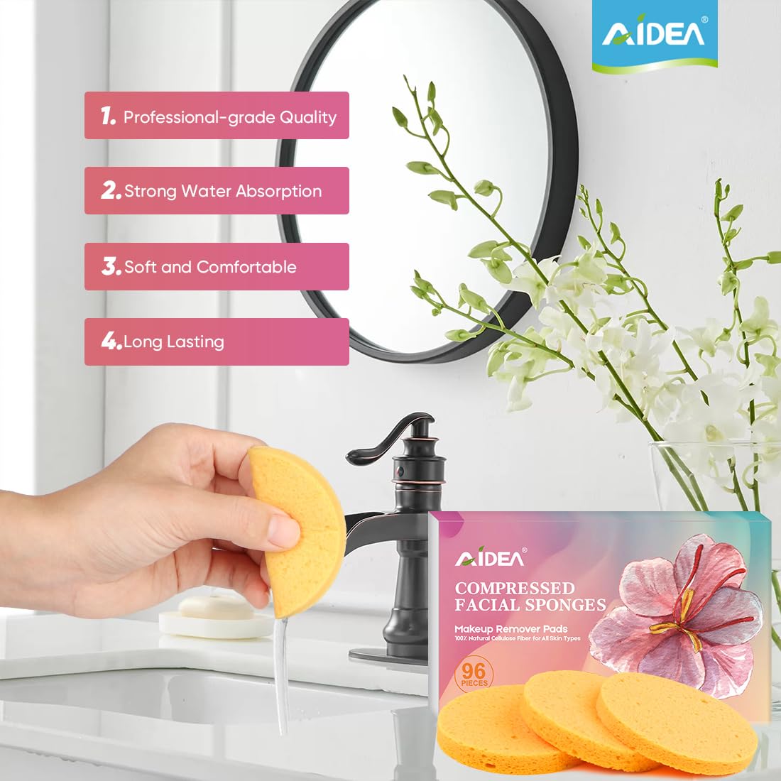 AIDEA 96 Count Compressed Facial Sponges | Soft Makeup Sponges for Cleansing, Exfoliating & Makeup Removal | Travel-Friendly Cosmetic Puffs | Perfect for Daily Skincare, Travel & On-the-Go Beauty Routine