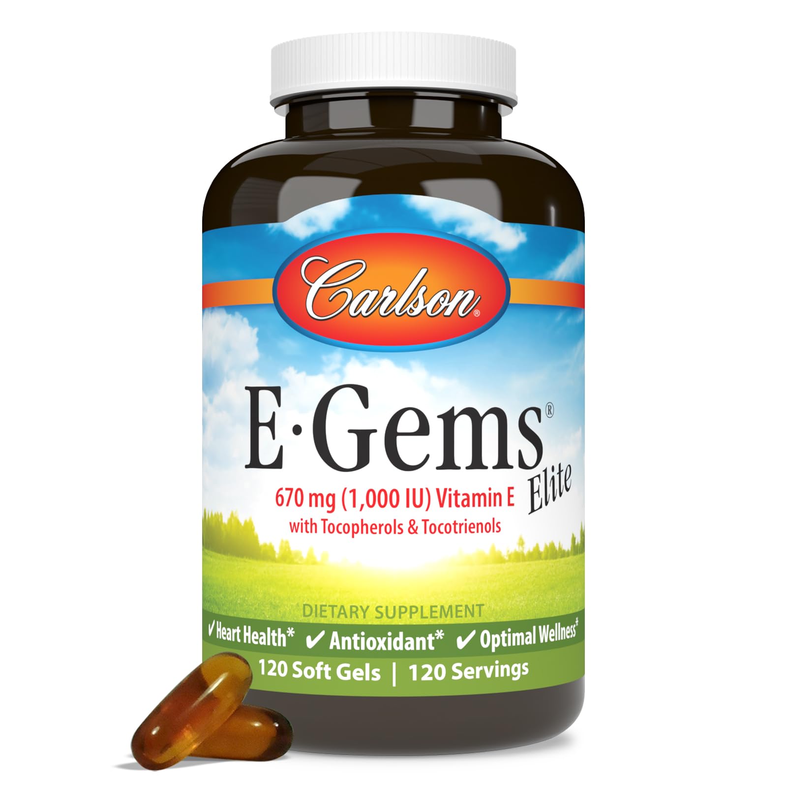Carlson E-Gems Elite 1000 IU Vitamin E Softgels with Mixed Tocopherols & Tocotrienols - Heart Health Support, Antioxidant Supplement for Immune & Skin Wellness - 120 Count - Perfect for Daily Nutrition & Active Lifestyle