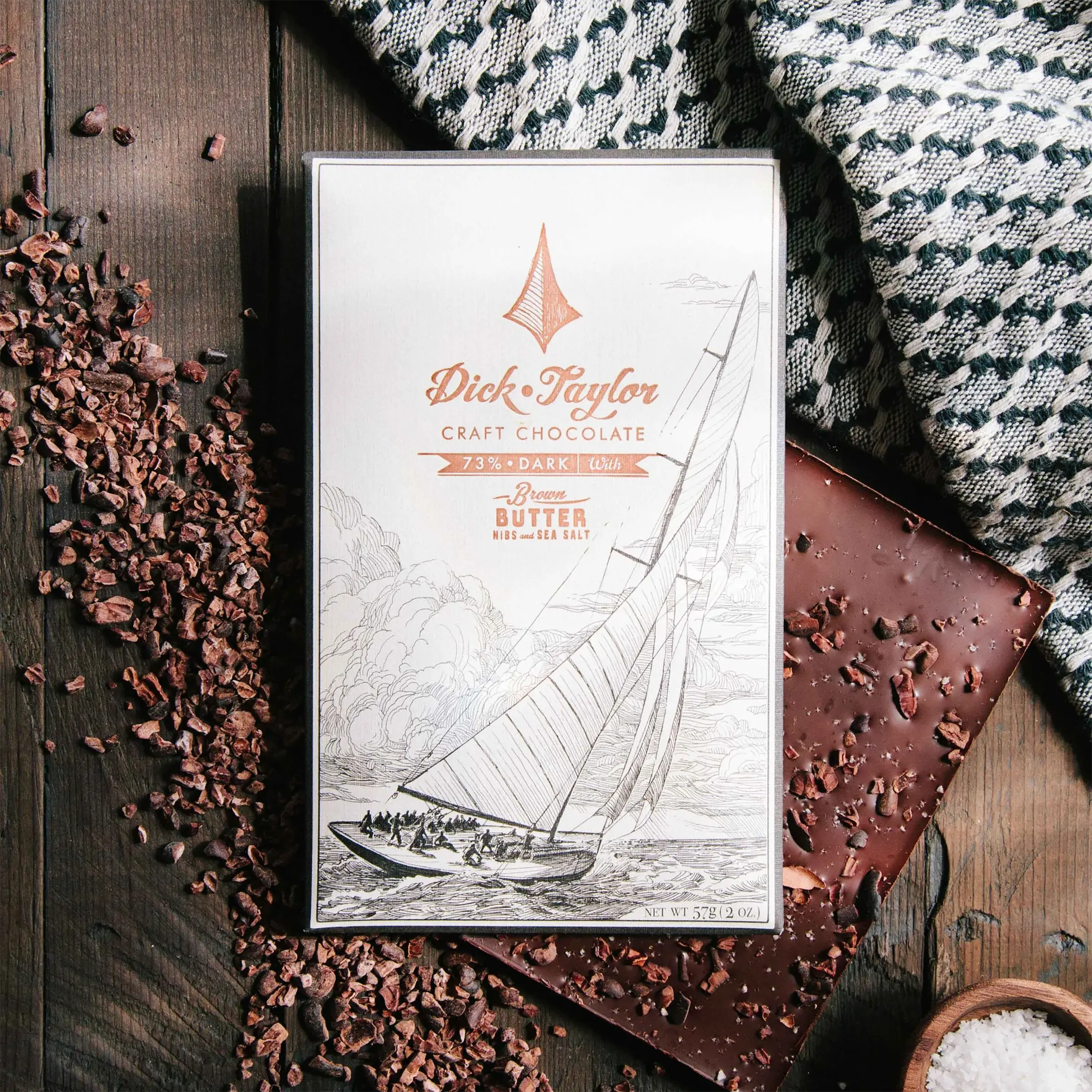 Premium Dick Taylor 73% Dark Chocolate Bar with Brown Butter, Cacao Nibs & Sea Salt | Gourmet Baking, Dessert Topping & Gift for Chocolate Lovers
