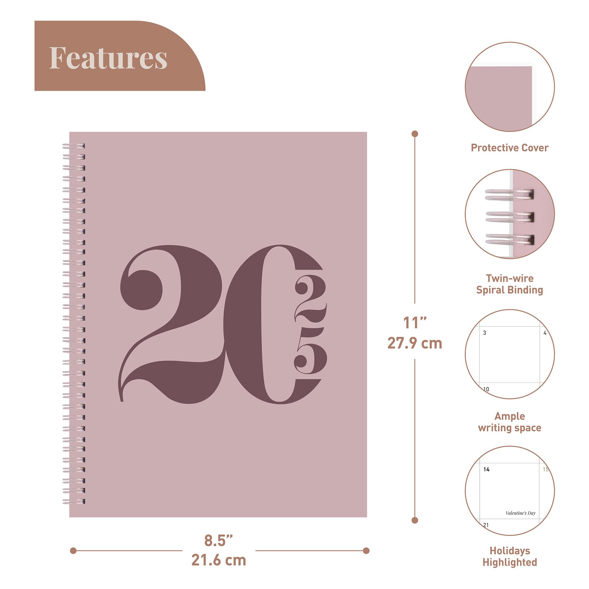 Rileys 2025 Weekly Planner - 8.5 x 11 Inch Pink Typographic Annual & Monthly Agenda Organizer with Flexible Cover, Notes Pages & Twin-Wire Binding - Perfect for Office, School & Personal Productivity Planning