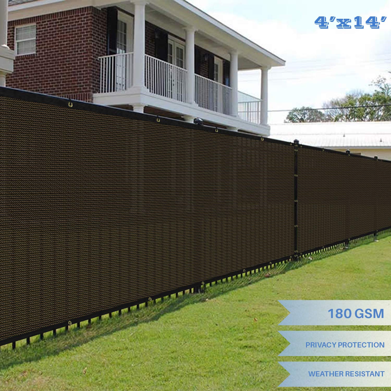 E&K Sunrise 4' x 14' Privacy Fence Screen with Grommets - UV Blocking Outdoor Windscreen for Backyard, Garden & Patio Cover - Durable Brown Privacy Fence Panel - Perfect for Creating Shade, Wind Protection and Enhanced Privacy in Outdoor Spaces