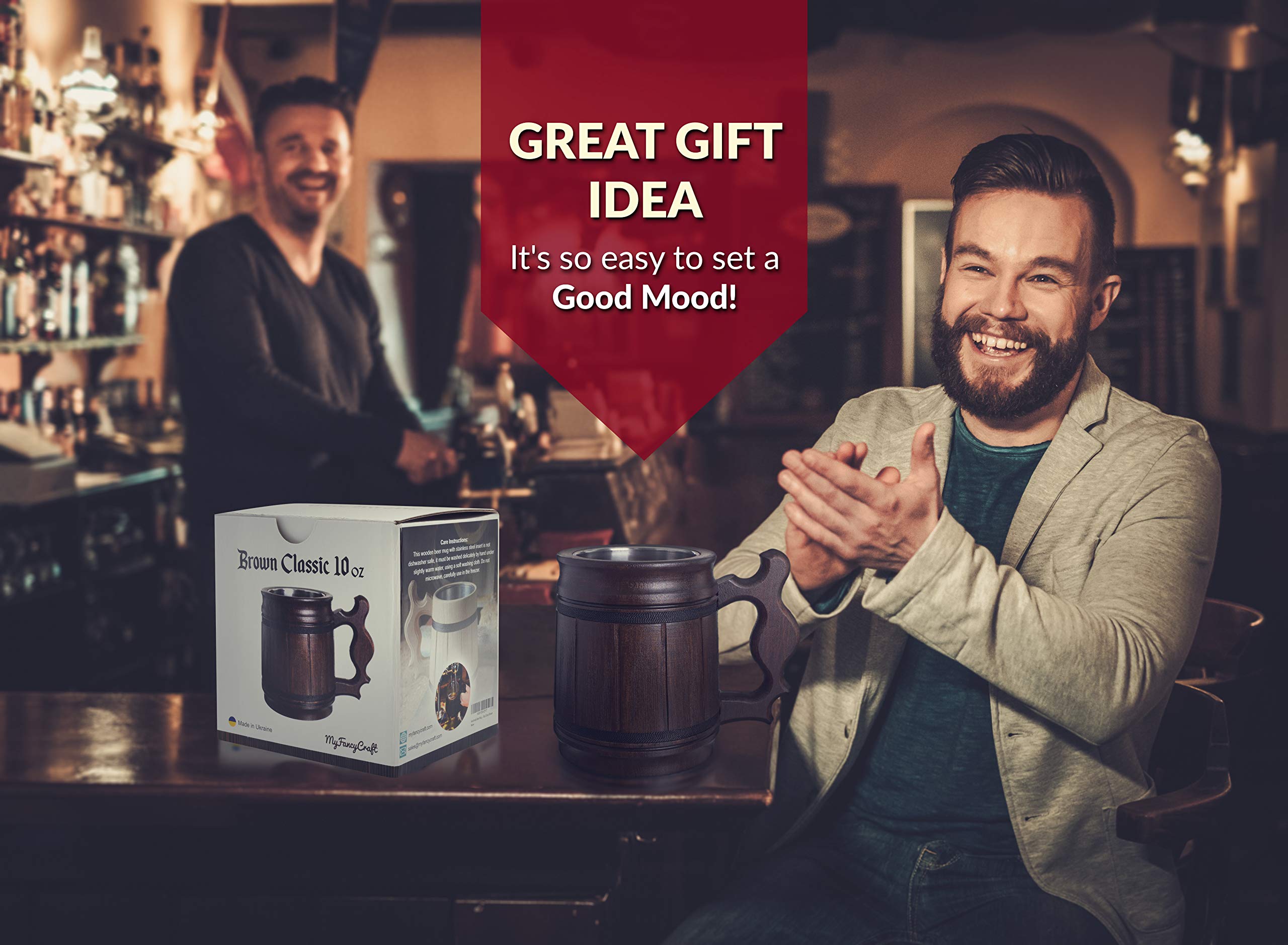 Set of 6 Handcrafted 10oz Beer Mugs - Stainless Steel & Wooden Beer Steins - Coffee Cups for Men - Unique Father's Day, Christmas & Birthday Gifts - Classic Brown - Perfect for Home Bars, BBQs & Man Cave Decor