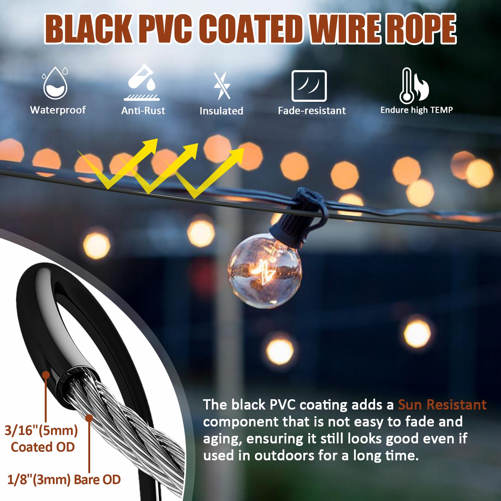 Black Globe String Light Hanging Kit - 164FT PVC Coated Steel Cable with Accessories for Outdoor, Patio & Camping | Perfect for Backyard Decor, Garden Parties & Romantic Ambiance