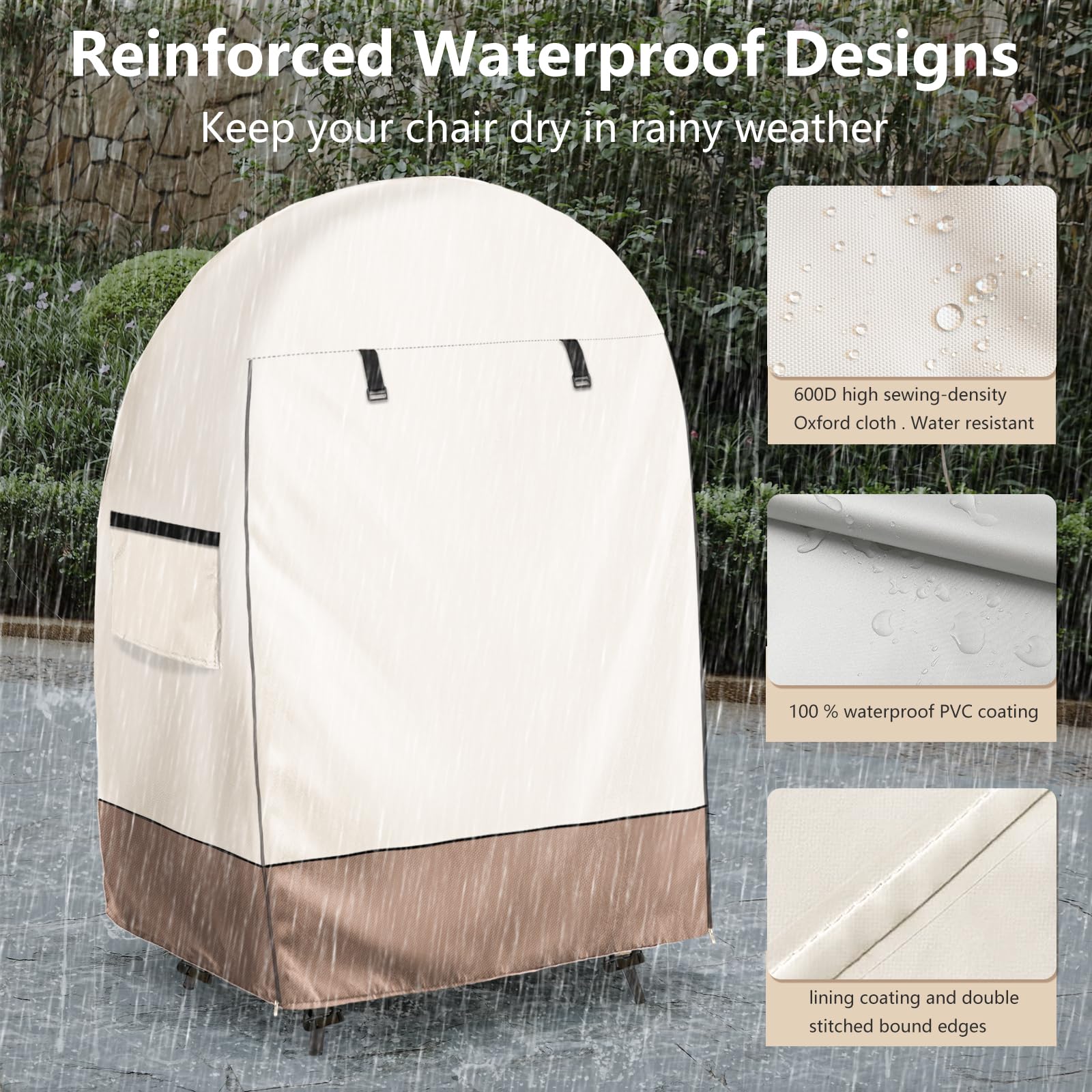 Waterproof Egg Chair Cover with Zipper - Outdoor Wicker Patio Basket Chair Protector (Beige & Brown, Fits 45.3