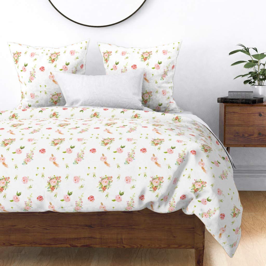 Sweet Floral Watercolor Duvet Cover - King/California King Size Cotton Sateen Bedding | Shabby Chic Boho Wedding Decor for Romantic Garden & Nursery
