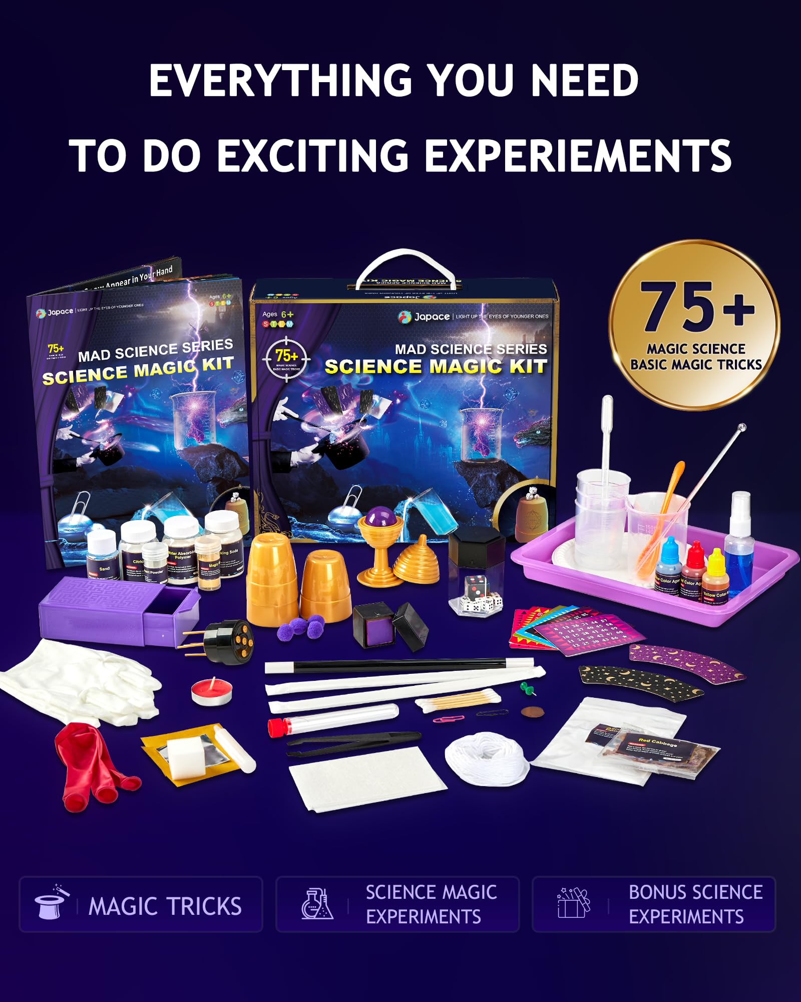 Japace STEM Magic & Science Kit for Kids Ages 6-12 - 75+ Magic Tricks & Chemistry Experiments - Educational Learning Toys for Boys & Girls - Perfect for Birthday, Christmas Gifts & STEM Classroom Activities