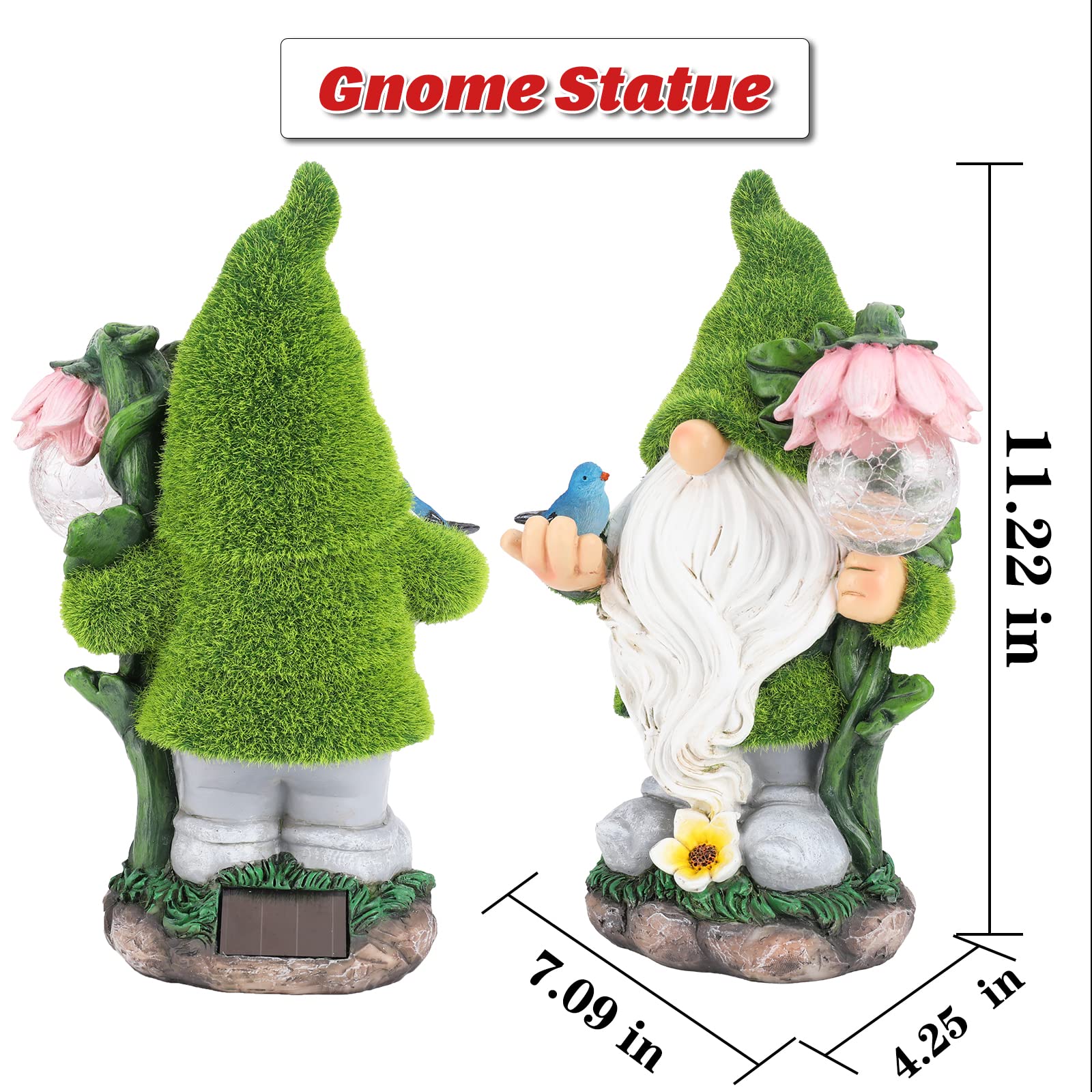 Funny Solar Garden Gnome Statue with Crackle Glass Globe Lights - Resin Gnome Figurine Holding Flowers for Outdoor Decor, Patio, Yard, Lawn & Porch | Perfect for Garden Parties, Halloween Decorations & Christmas Displays
