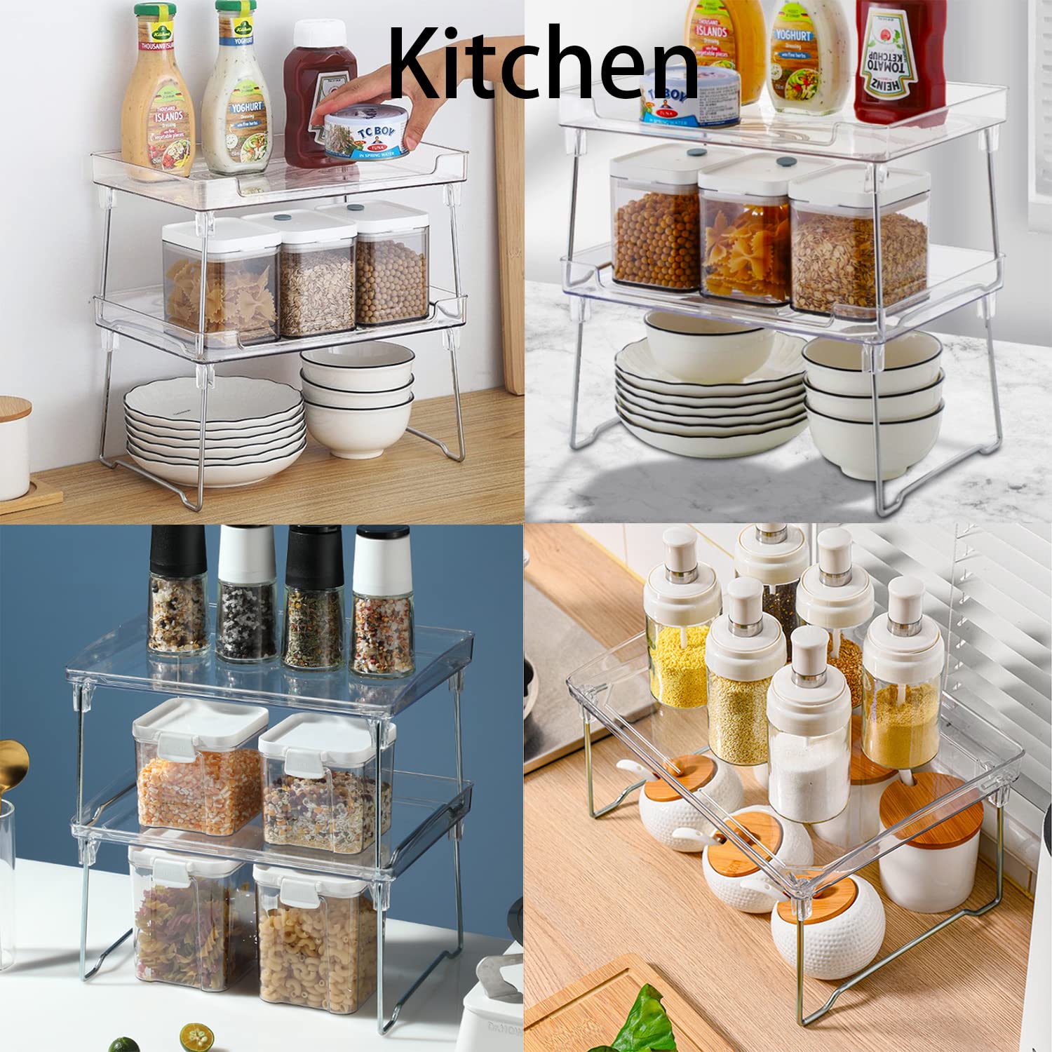 2-Pack Stackable Kitchen Shelves - Foldable Cabinet Storage Shelf Organizer for Countertops - Clear Space-Saving Rack for Kitchen, Bedroom & Bathroom Organization (Perfect for Small Spaces & Clutter-Free Storage)