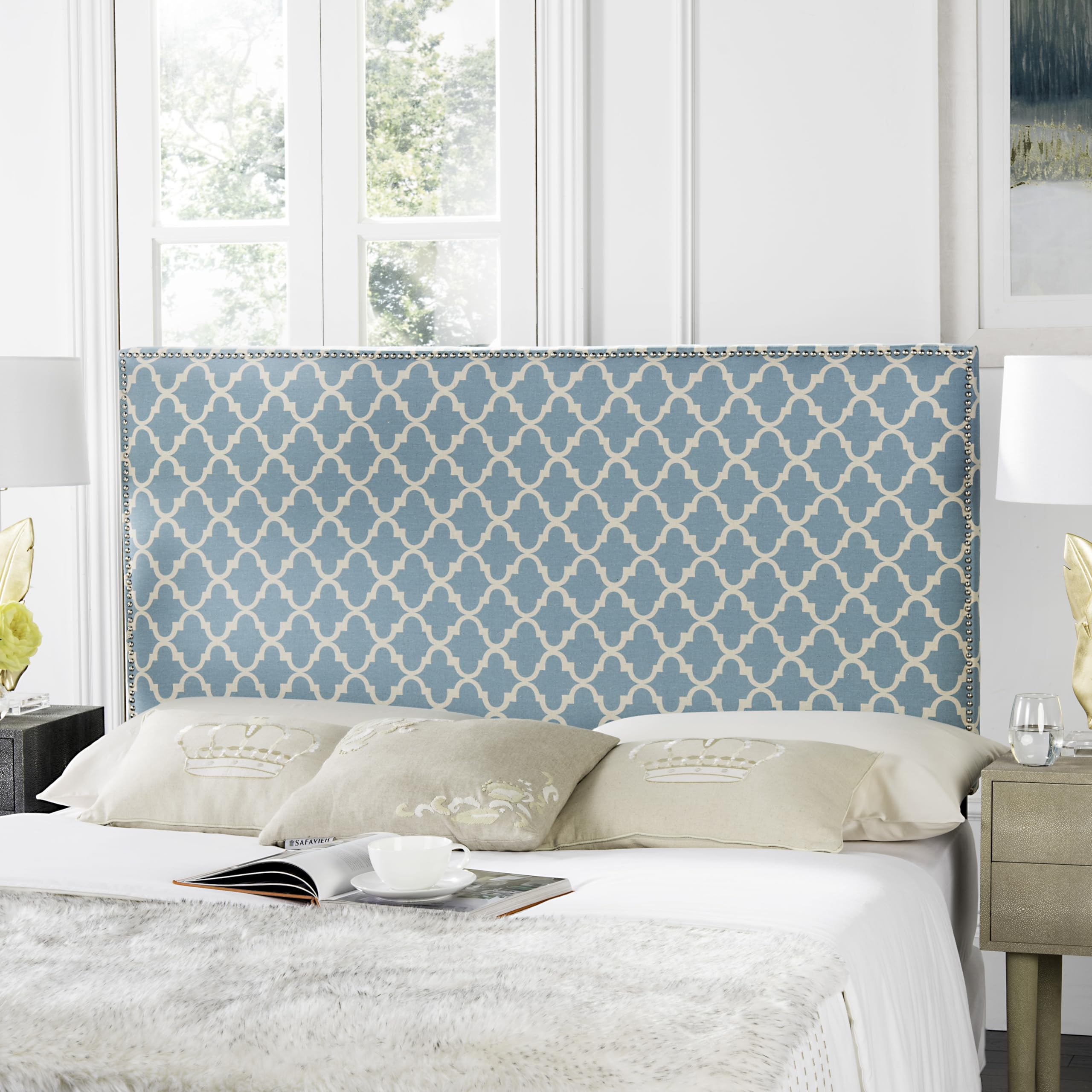 SAFAVIEH Sydney Blue & White Upholstered Queen Size Headboard - Elegant Bedroom Decor for Modern & Traditional Homes