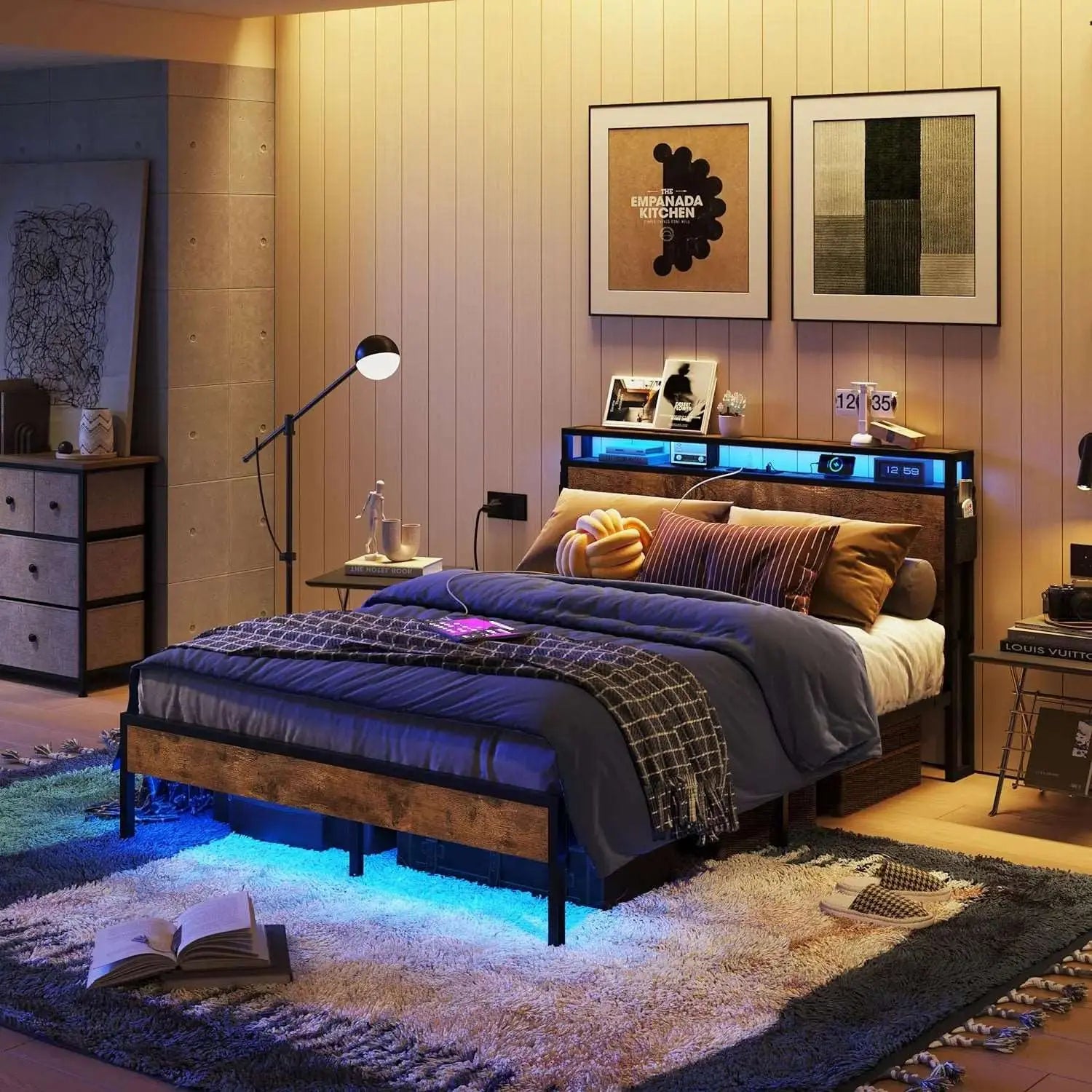 Bestier Queen Size LED Bed Frame with Headboard and Storage - Modern Platform Bed with USB Ports & Underbed Storage - Perfect for Bedroom, Dorm, Apartment & Small Spaces