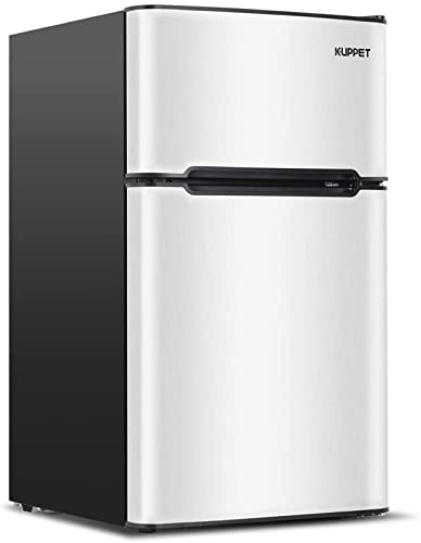 Mini Fridge for Dorm Room - 3.2 Cu.Ft Compact Refrigerator with Freezer, Double Door Stainless Steel Small Fridge for Office, Garage, Camper or Basement - Perfect for Storing Drinks, Snacks & Meal Prep