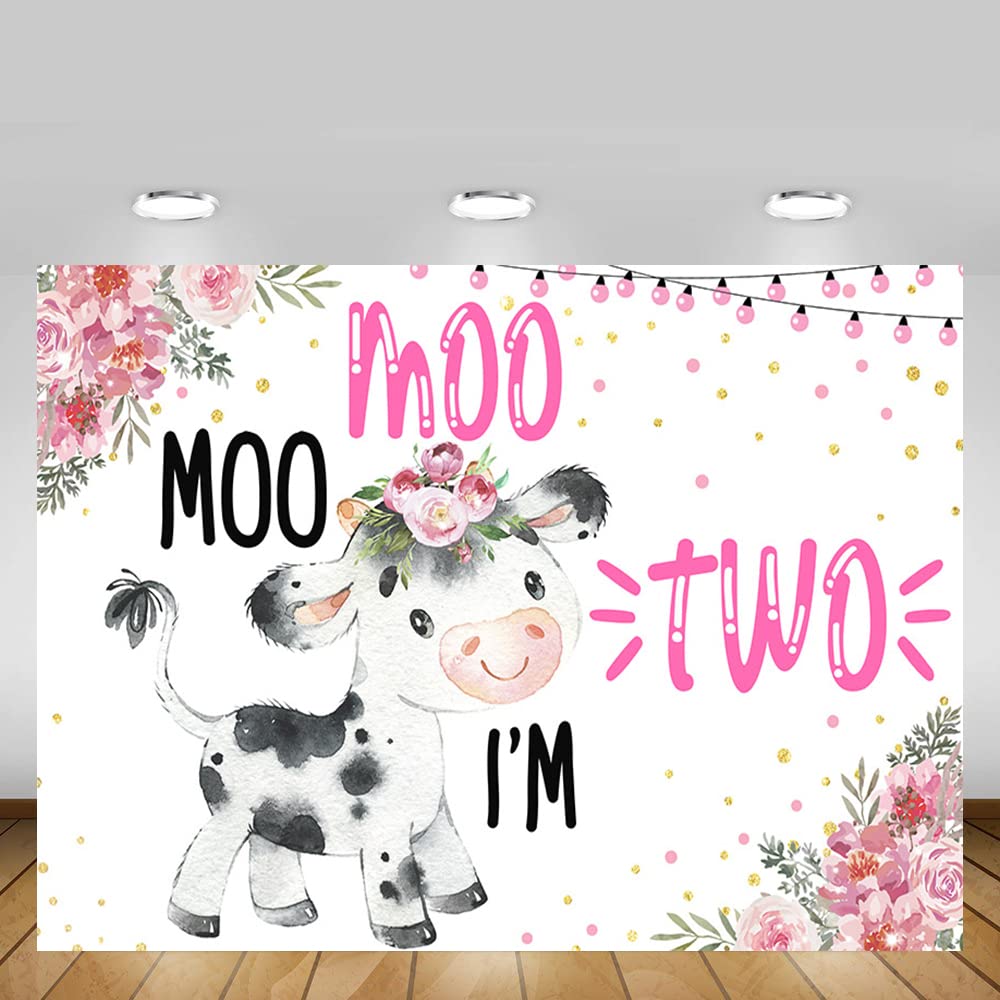 MEHOFOND 10x7ft Cow-Themed Baby Girl 2nd Birthday Backdrop - Pink Floral Confetti Party Banner for Cake Table, Wall Decor & Photo Booth Background | Perfect for 'Moo Moo I'm Two' Birthday Party Photography & Gift Pictures