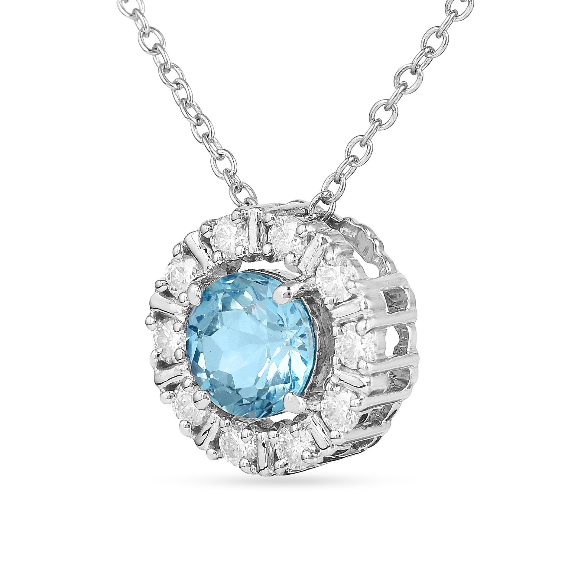 Natural Blue Topaz Round Halo Pendant Necklace - Sterling Silver 925 Jewelry for Women, Elegant Gift for Birthday, Anniversary & Valentine's Day | Perfect for Parties, Weddings & Special Occasions