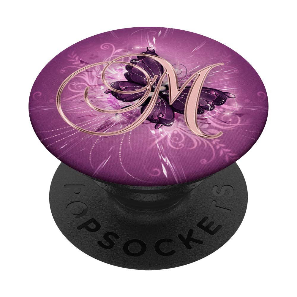 Golden Rose Letter M with Purple Butterfly Design PopSockets PopGrip - Interchangeable Phone & Tablet Grip for iPhone, Samsung, iPad - Perfect for Daily Use, Travel, and Secure Device Handling