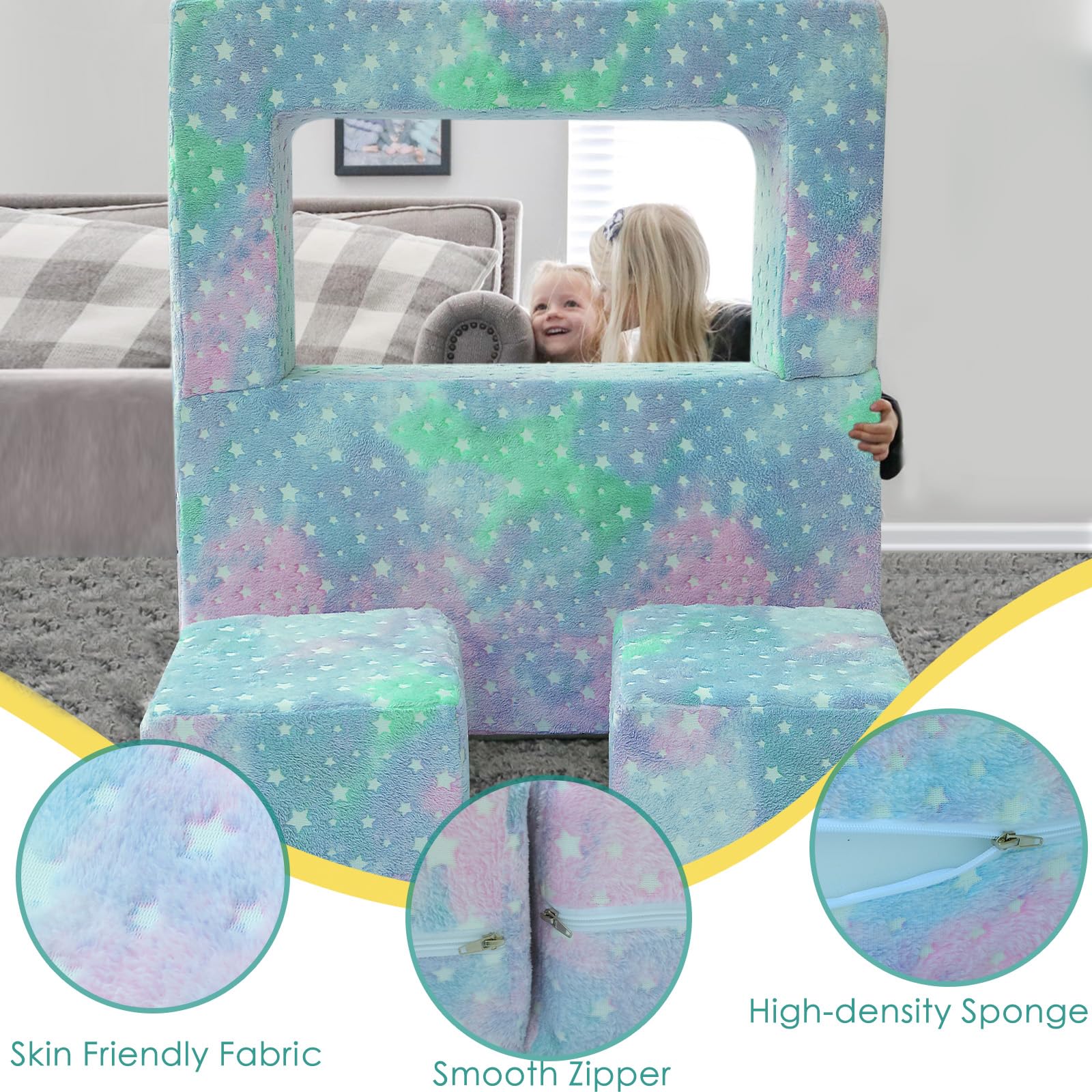 MeMoreCool Kids Play Couch - Glow in The Dark Stars Toddler Sofa | Foldable Modular Furniture for Playroom & Bedroom | Perfect for Playtime, Nap Time & Sensory Play