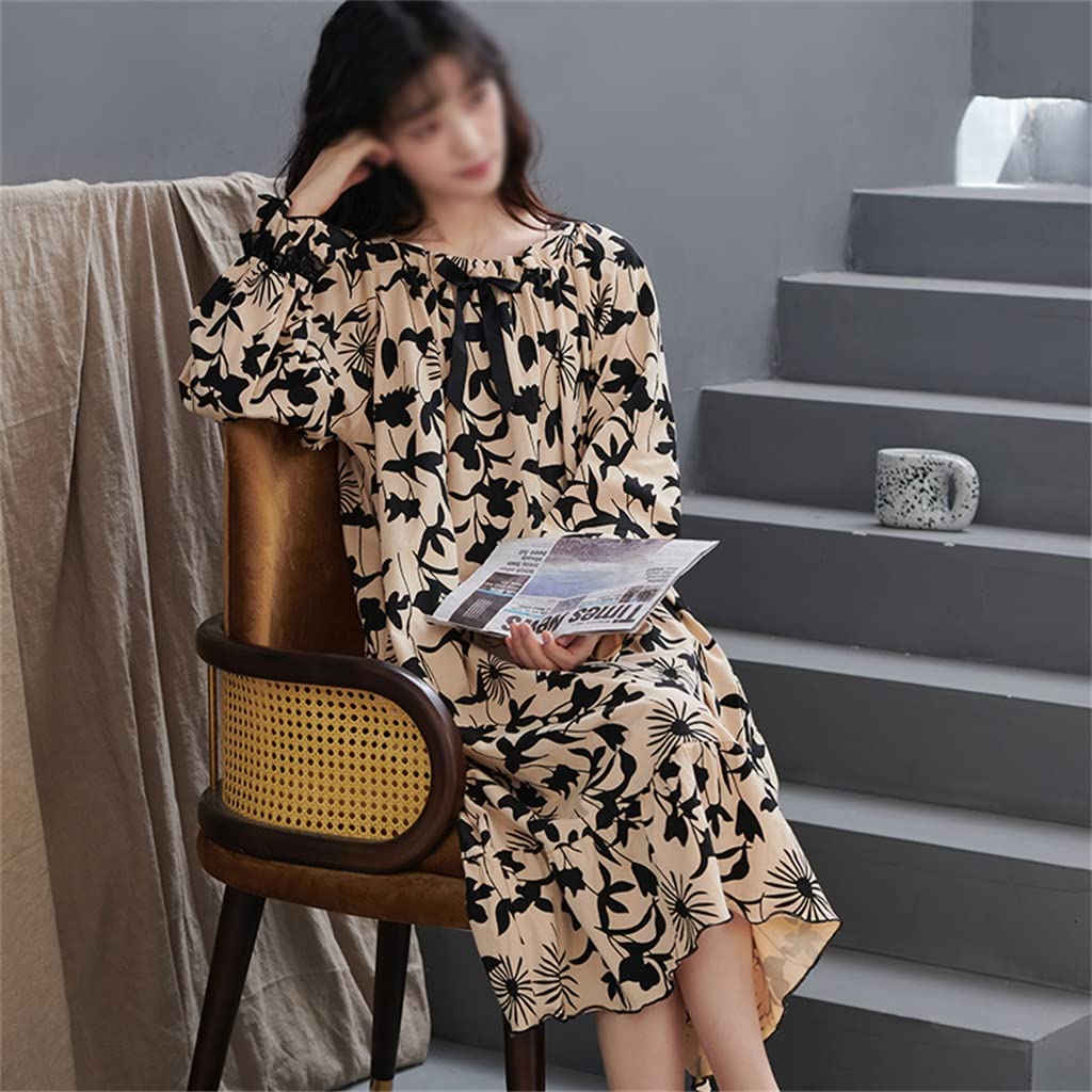 Women's Soft Walnut Autumn Ruffle Nightgown - Loose Long Sleeve Sleep Dress for Home, Lounge & Relaxation | Cute Casual Nightwear (Color: A, Size: 2XL)
