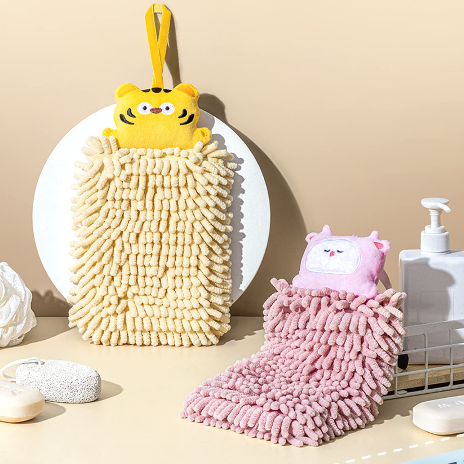 Soft Plush Chenille Hanging Hand Towels - Absorbent Kitchen & Bathroom Cleaning Cloth - Cute Multicolor Wipe Towels for Home, Office, and RV Use