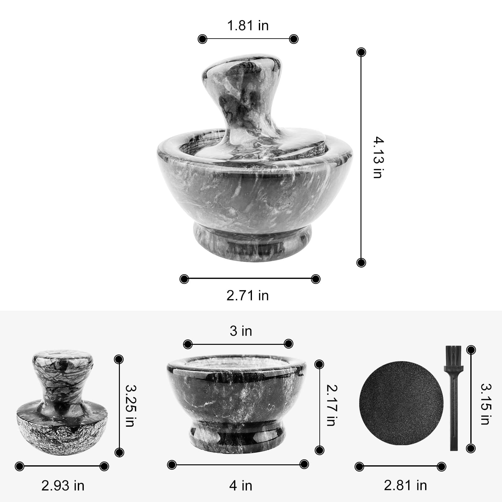 Premium 4-inch Marble Mortar and Pestle Set with Brush & Placemat - 1/2 Cup Capacity Stone Grinder for Herbs, Spices, Pills - Easy Grip & Fine Grinding - Perfect for Kitchen, Pharmacy, and Home Apothecary Use