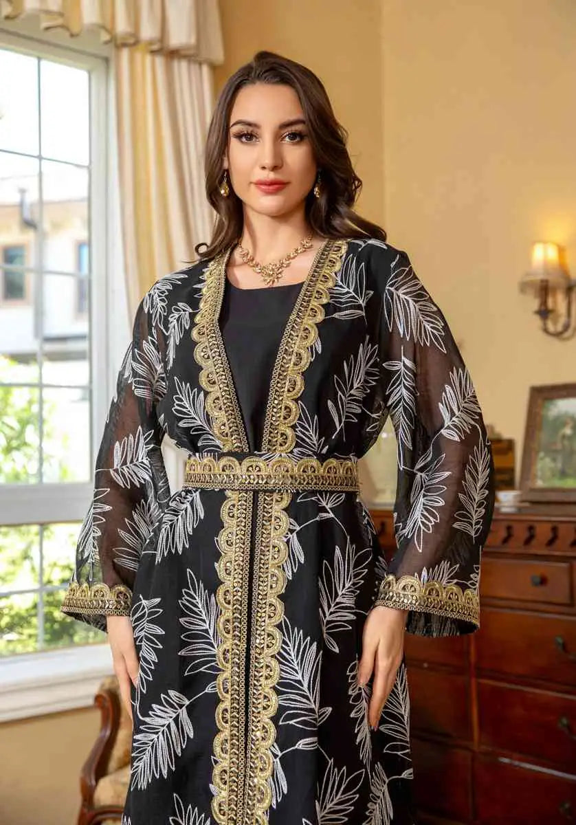 Elegant 2-Piece Eid Dress Set - Embroidered Caftan Kaftan with Sleeveless Inner Dress | Perfect for Eid Celebrations, Weddings & Special Occasions