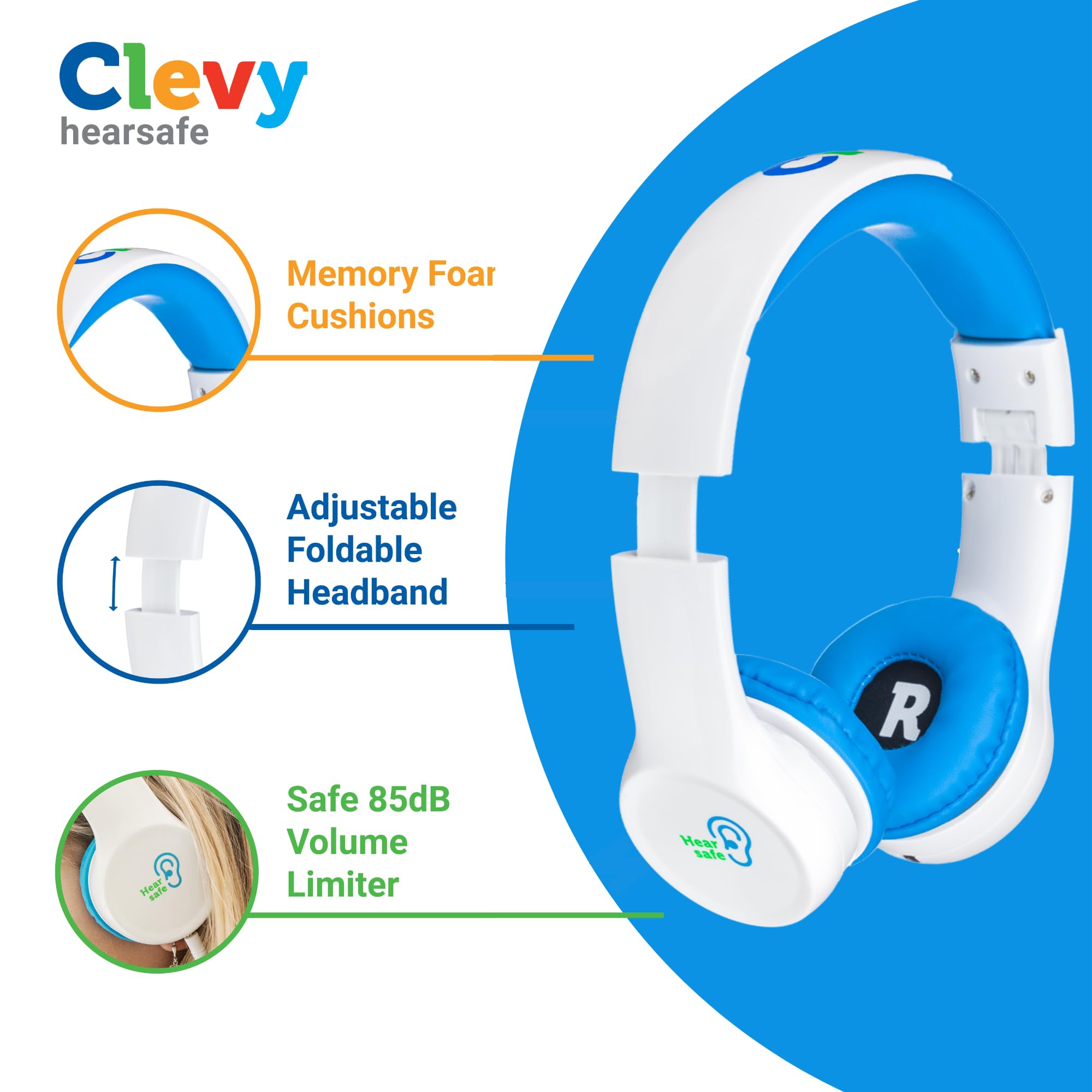 Clevy Kids Headphones Over-Ear with 85dB Volume Limit - 3.5mm Wired Headphones for School, iPad, Computer - HD Mic & 5ft Tangle-Free Cord - Foldable Design with Durable Carrying Case for Boys & Girls - Perfect for Online Classes, Travel, and Home Learning