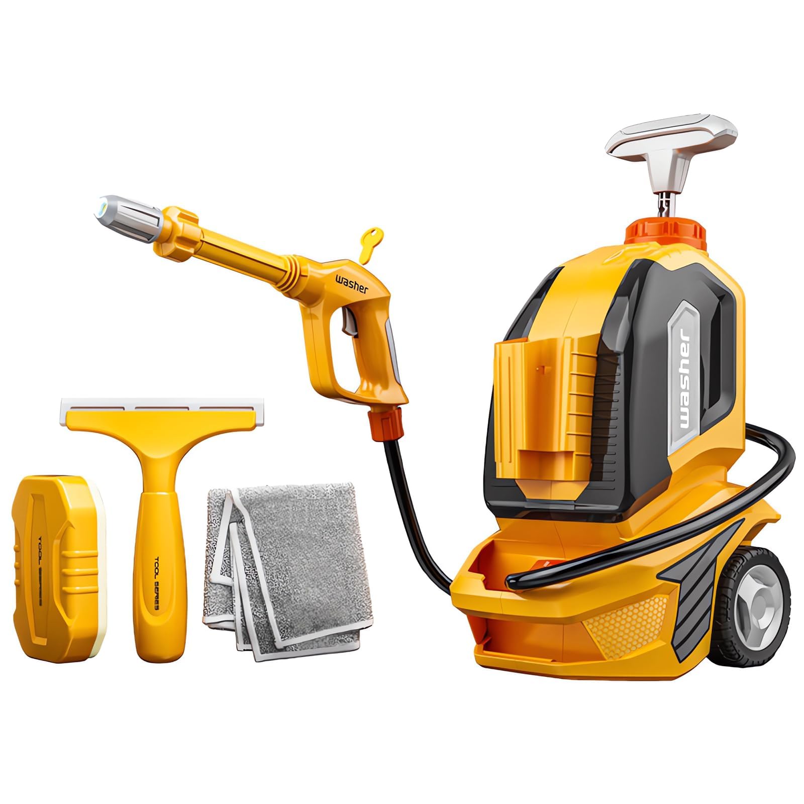 YEIBOBO Kids Water Pressure Washer Toy Set - Car Wash Gun with Scraper, Sponge & Towel - Pretend Play Cleaning Tools for Toddlers - Role Playing Outdoor Water Toy Gift for Boys & Girls - Perfect for Backyard Play, Summer Activities & Imaginative Car Wash Games