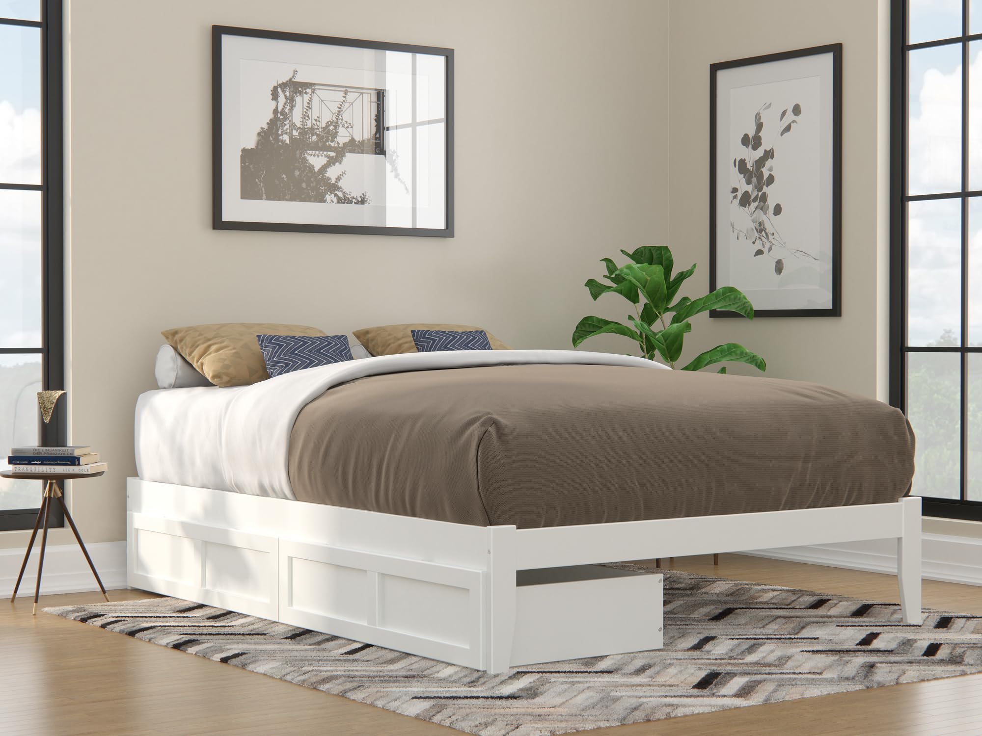 AFI Colorado Queen Platform Bed with 2 Storage Drawers & USB Charger - White Modern Bed Frame with Underbed Storage | Perfect for Small Bedrooms, Guest Rooms & Apartments