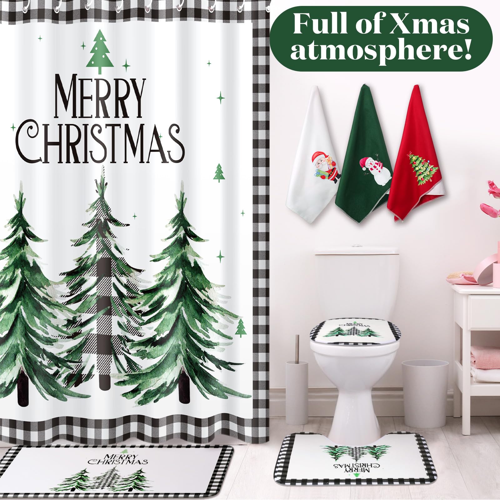 Newwiee 7-Pc Christmas Shower Curtain Set - Waterproof Bathroom Decor for Holiday