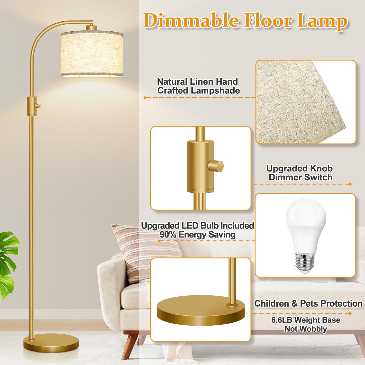 Upgraded Dimmable Gold Floor Lamp with 1200 Lumens LED Bulb - Modern Arc Standing Lamp with Linen Shade for Living Room, Bedroom, Office, Nursery - Perfect for Reading, Relaxing & Home Decor