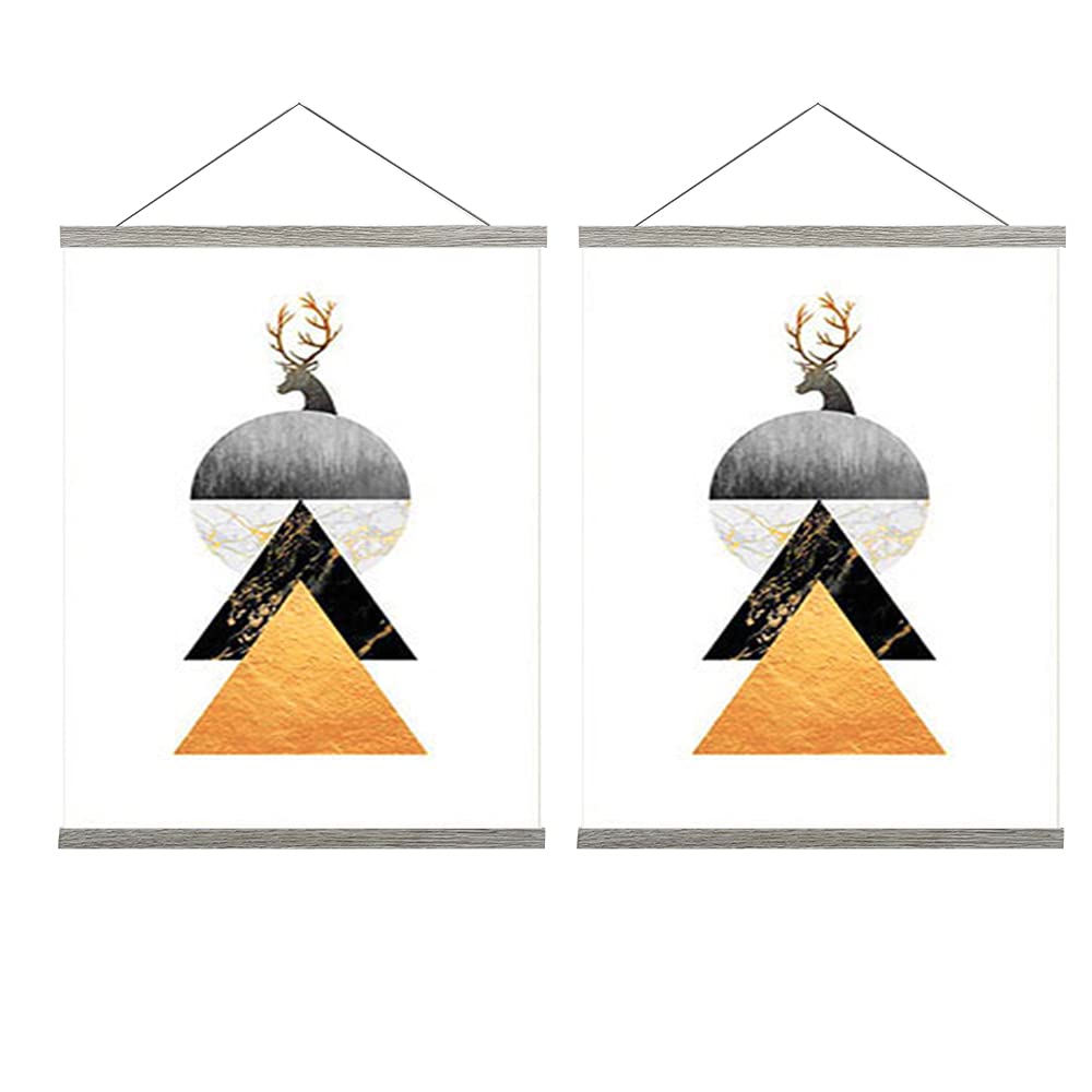 2 Pack Magnetic Poster Hanger Frame - Light Wood Wooden Magnet Canvas Artwork Print Hanging Kit (36x24, 36x48, 36x12, Grey) - Perfect for Home Decor, Office Display & Art Gallery Exhibitions