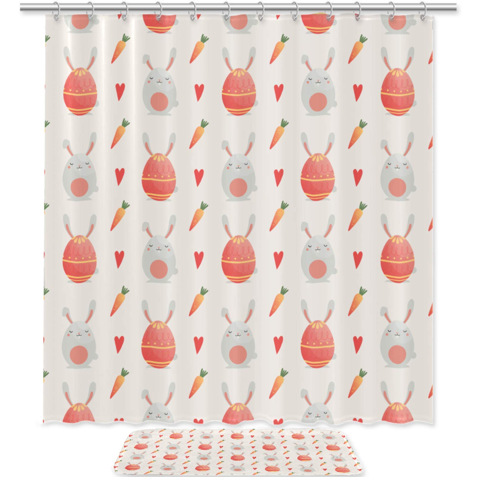 imobaby Cute Cartoon Rabbit & Egg Bathroom Set - Waterproof Polyester Shower Curtain 70.8x70.8 Inches with Matching Rugs & 12 Hooks - Adorable Kids' Bathroom Decor for Baby Showers & Nursery Themes