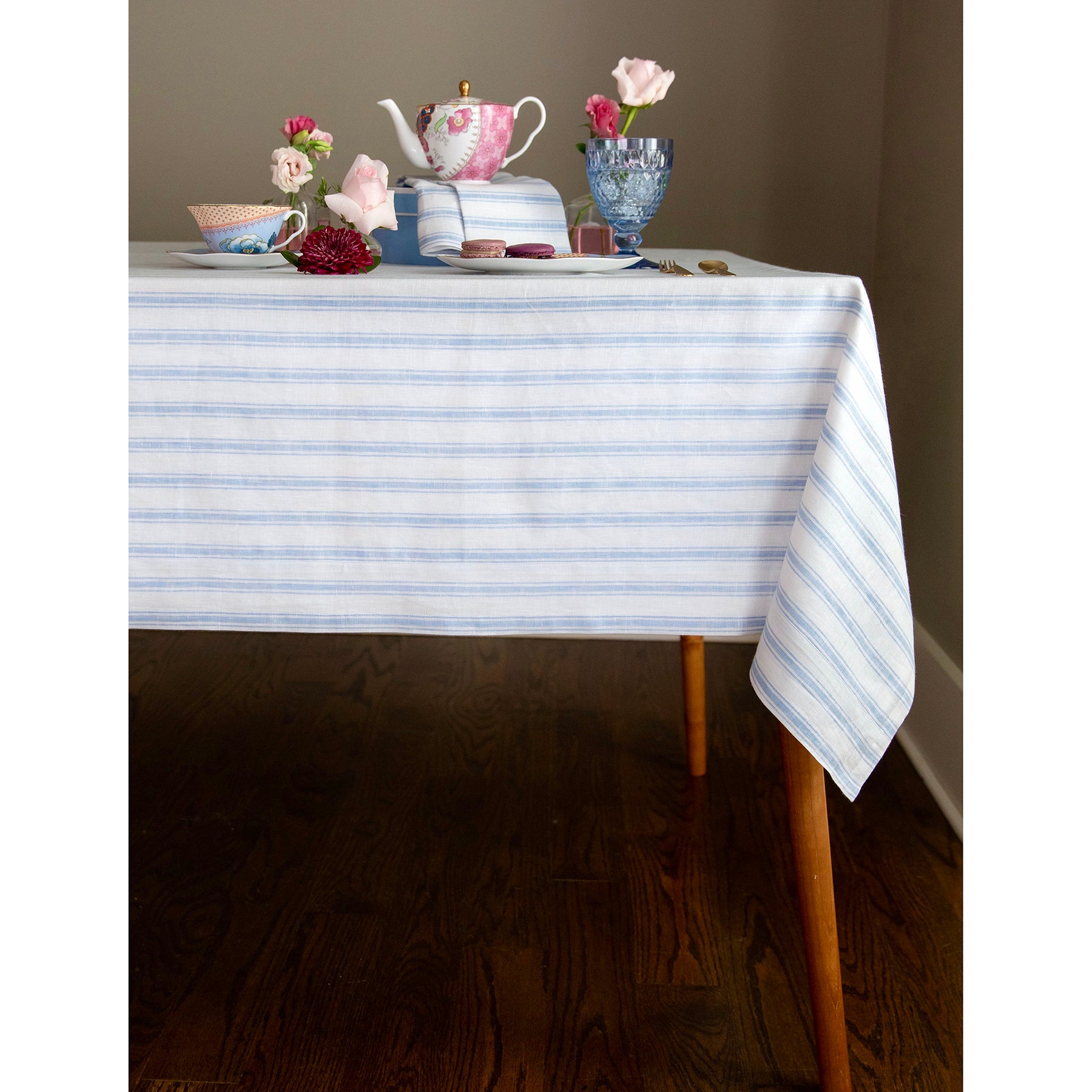 Stylish Capri Ticking Stripe Tablecloth - Waterproof & Washable Cotton Table Cover for Dining Room, Kitchen, and Outdoor Picnics