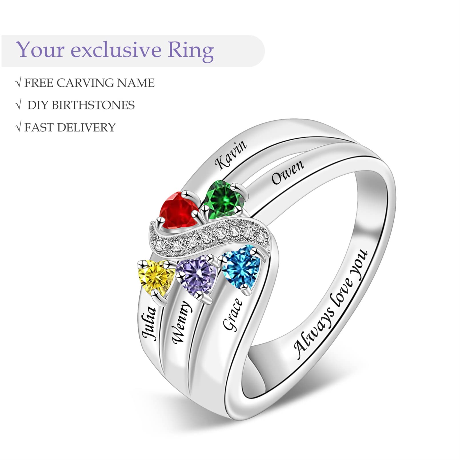 Personalized Mothers Ring with 1-6 Birthstones | 925 Sterling Silver Custom Engraved Mom Ring | Family Jewelry Gift for Women, Wife, Grandma | Perfect for Mother's Day, Birthday, Anniversary & Special Occasions