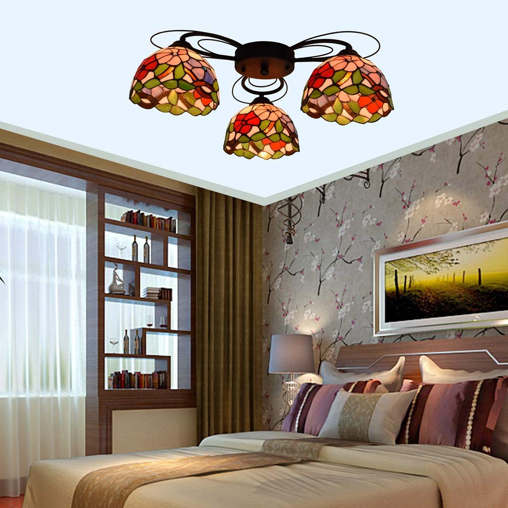 Tiffany Style 3-Head Stained Glass Ceiling Lamp with Morning Glory Pattern - Perfect for Dining Room, Living Room & Bedroom Lighting
