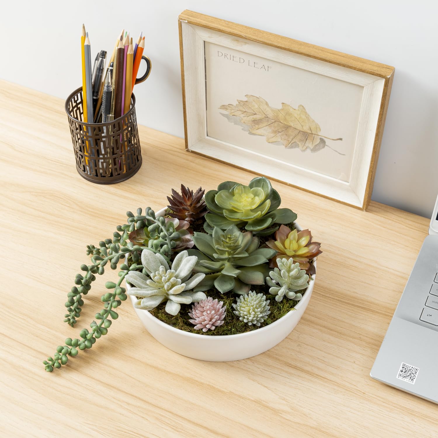MyGift 8-Inch Artificial Succulent Plants Set with White Ceramic Planter - Modern Faux Succulent Arrangement for Home Office Desk Decor, Wedding Centerpiece & Housewarming Gift