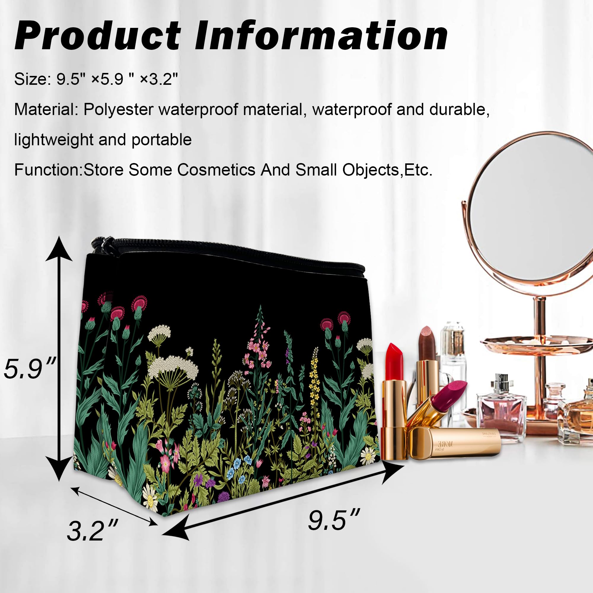 Floral Print Waterproof Makeup Bag for Women - 9.5×5.9 Inch Travel Cosmetic Organizer, Toiletry Pouch for Purse | Perfect Gift for Travel, Gym & Daily Essentials Storage