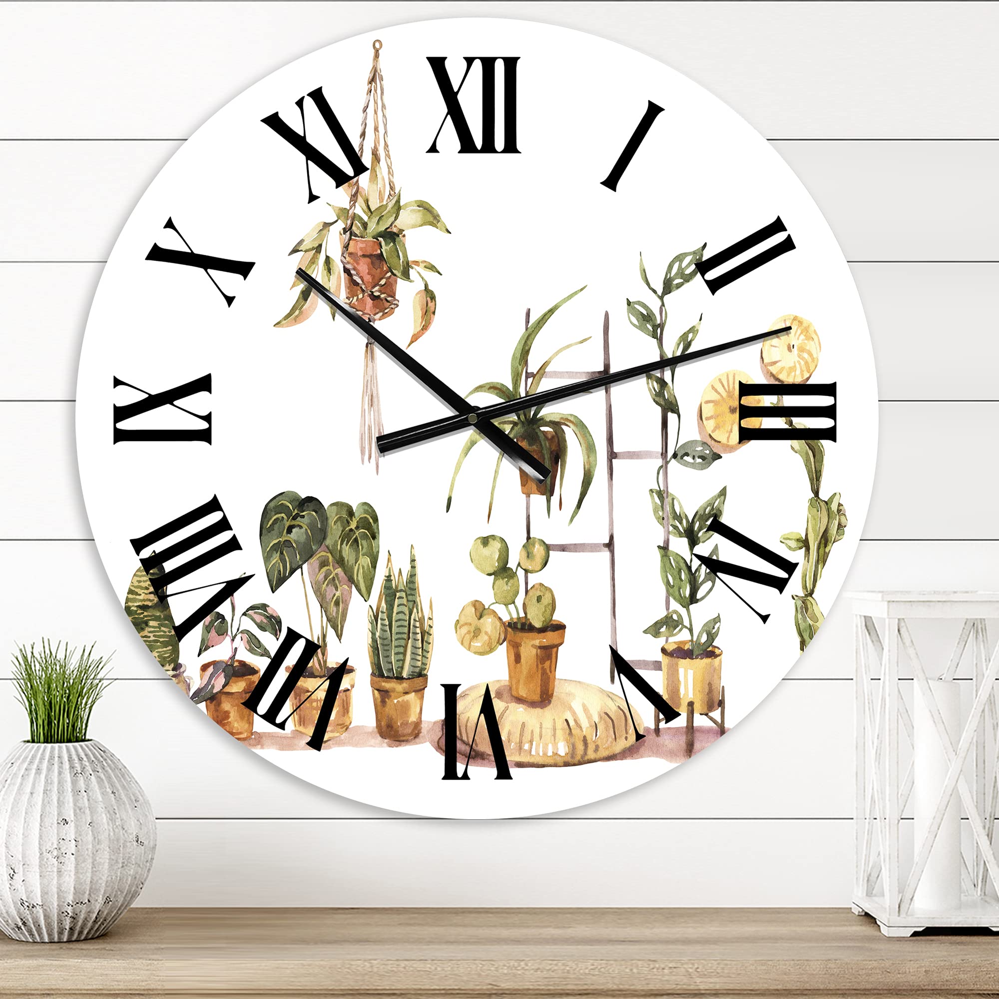 DesignQ Traditional Large Wall Clock - Indoor House Plants Urban Jungle II Floral & Botanical Decor for Bedroom, Living Room & Office | Perfect for Home, Apartment & Workspace Décor