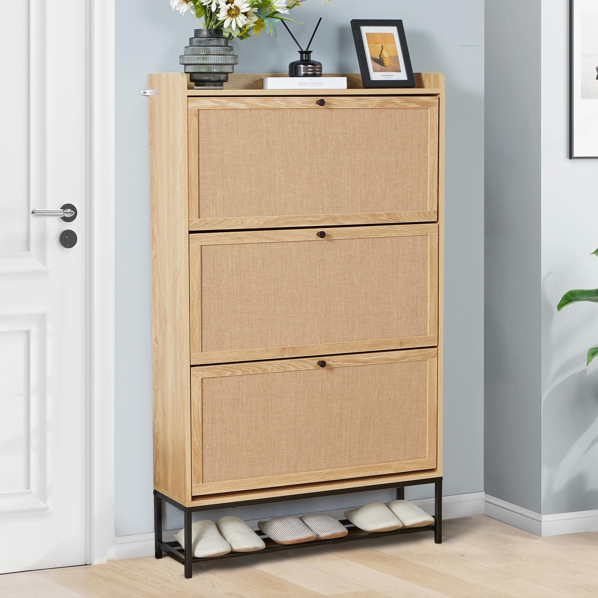 LEVNARY 3-Tier Flip Drawer Shoe Storage Cabinet - Freestanding Wooden Shoe Organizer with Metal Legs for Entryway & Hallway | Space-Saving Narrow Shoe Rack for Small Spaces (Natural Oak) | Perfect for Apartment Living, Closet Organization & Entryway Storage