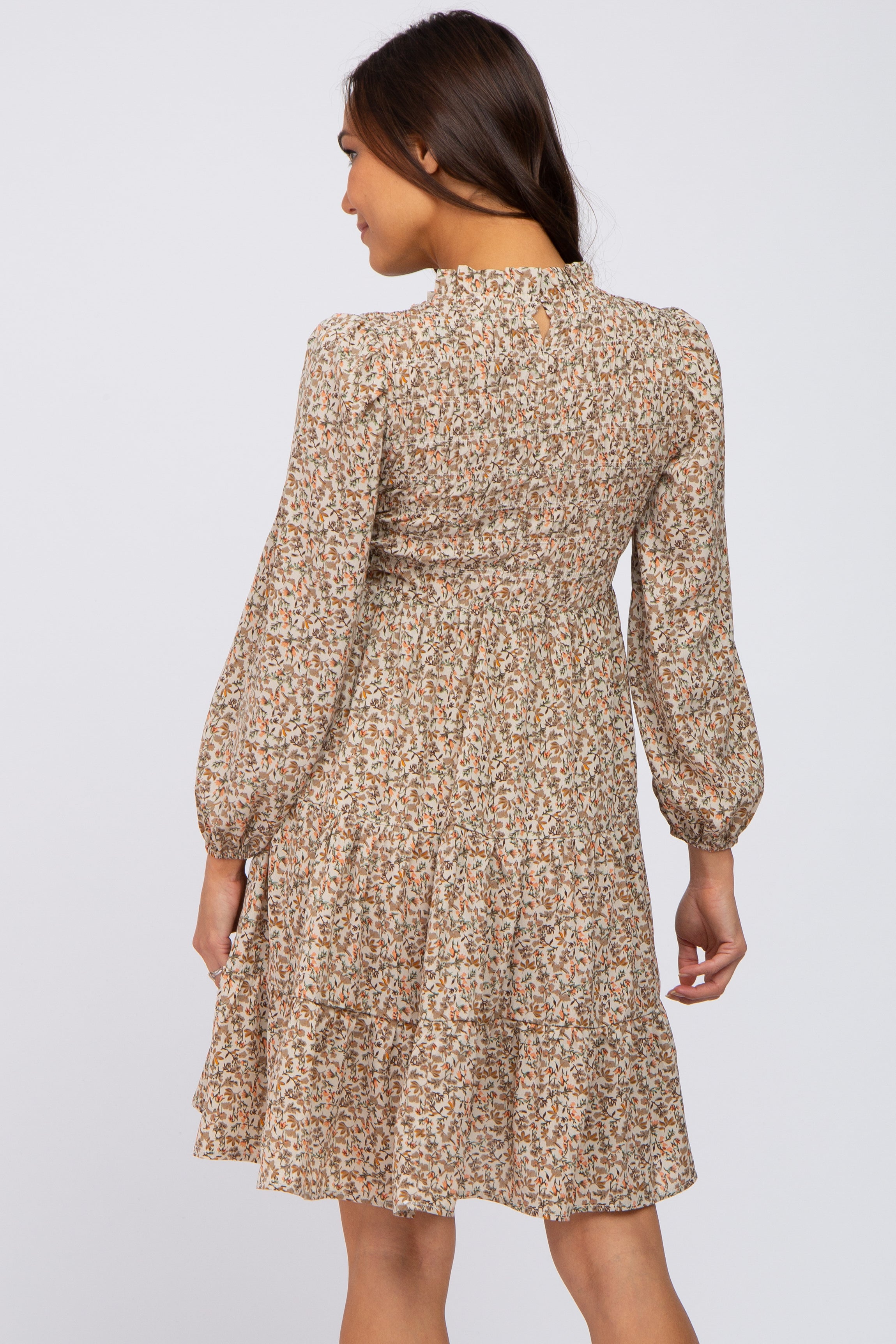 Beige Floral Shirred Mock Neck Maternity Dress for Pregnancy - Comfortable Stretchy Nursing Dress for Baby Shower, Maternity Photo Shoot & Breastfeeding