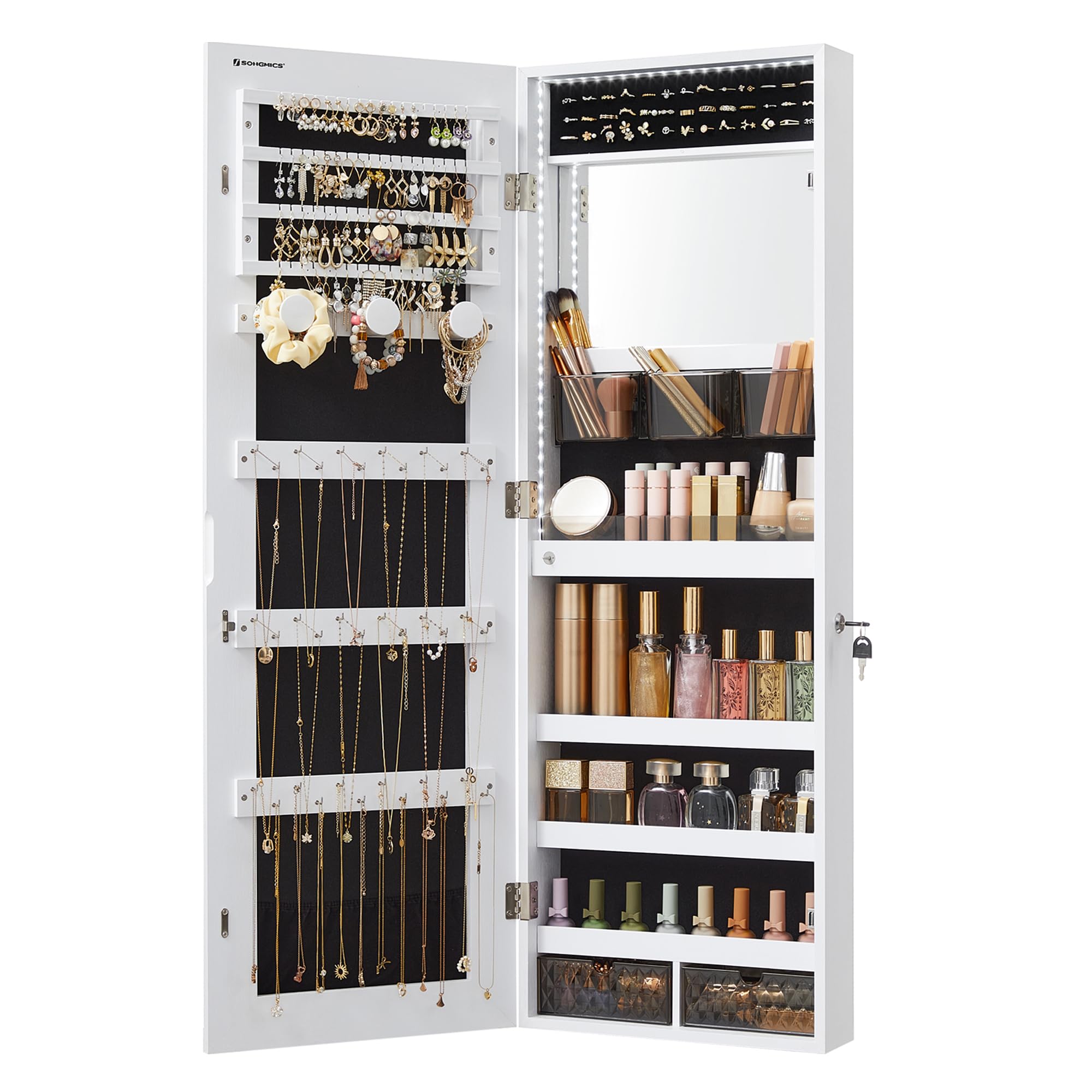 SONGMICS Full-Length Lighted Jewelry Cabinet with Mirror - Wall Mount or Door Mount Organizer with 2 Lockable Drawers, Built-in Makeup Mirror - Perfect for Bedroom, Bathroom & Dressing Room Storage (White, UJJC013W01)
