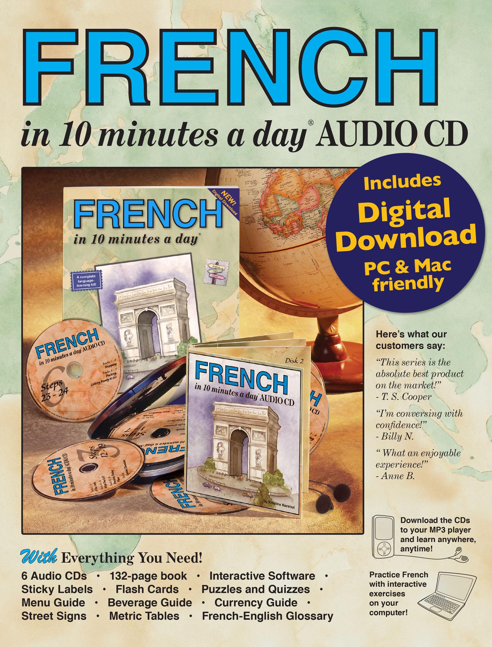 Learn French Fast - 10 Minutes a Day Book & Audio Course | Beginner to Advanced Language Learning Kit with Workbook, Flashcards, Sticky Labels & Menu Guide | Perfect for Travel, Study & Business | Bilingual Books