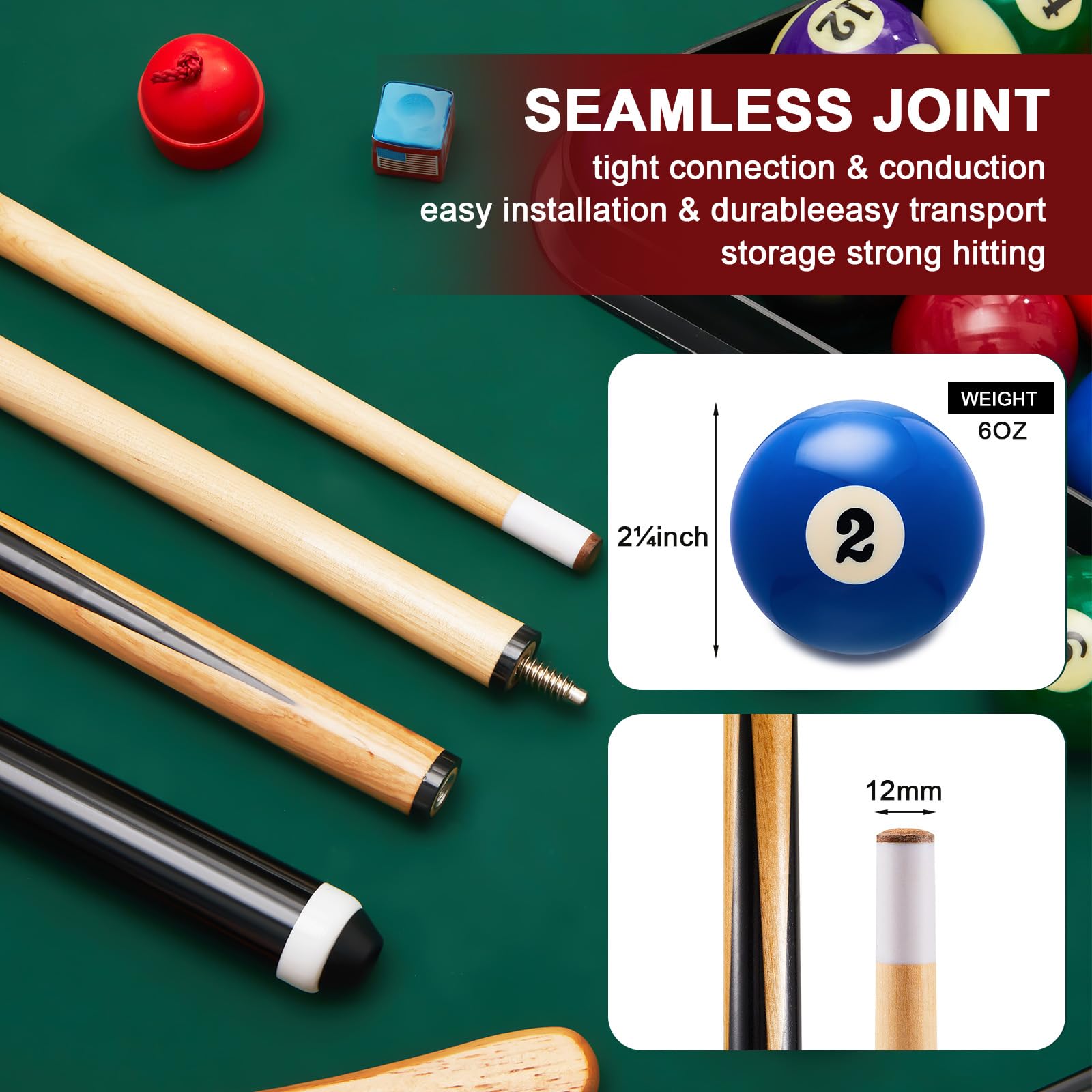 Jenaai 55 Pcs Pool Table Accessories Set - 16 Billiard Balls, 6 Pool Cues, Triangle Rack, Diamond Ball Holder, Chalk, Tip Tools & Brush - Perfect for Home Game Rooms, Bars, and Recreational Centers