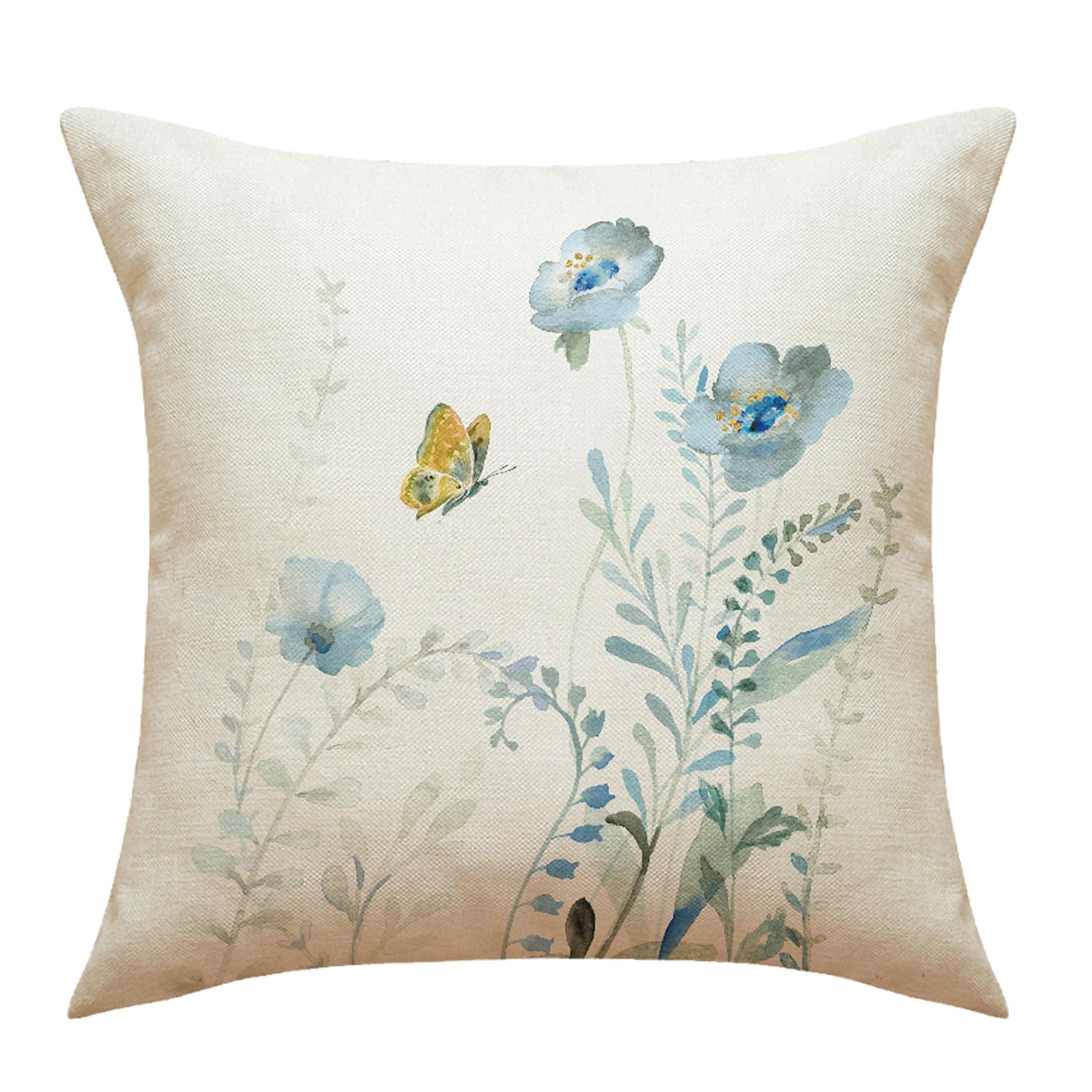 WOMHOPE 18x18 Inch Burlap Throw Pillow Covers - Pack of 4, Blue Floral Bird Butterfly Design for Sofa, Couch & Home Decor | Perfect for Living Room, Bedroom & Seasonal Decoration